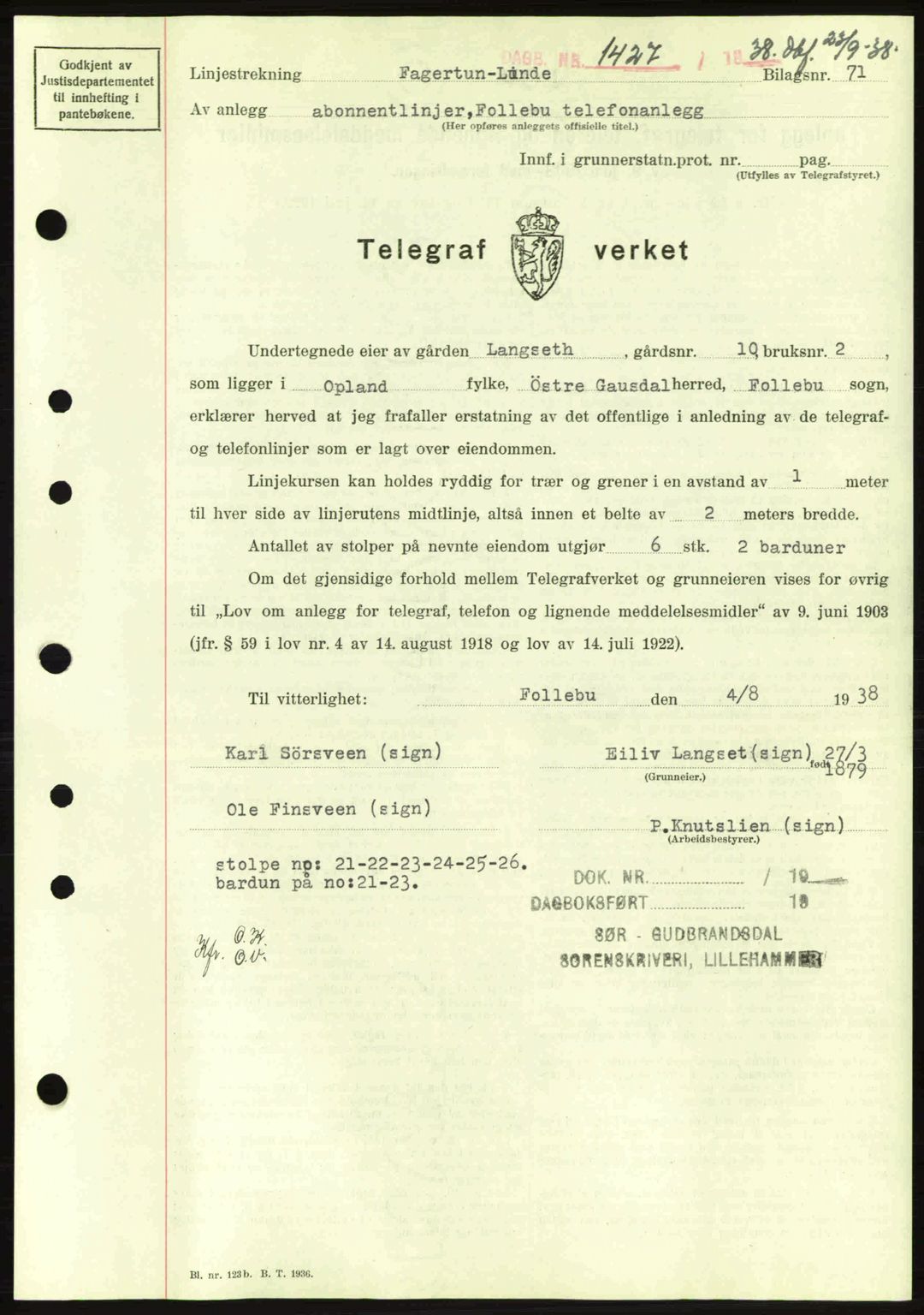 Sør-Gudbrandsdal tingrett, SAH/TING-004/H/Hb/Hbd/L0005: Pantebok nr. A5, 1938-1939, Dagboknr: 1427/1938