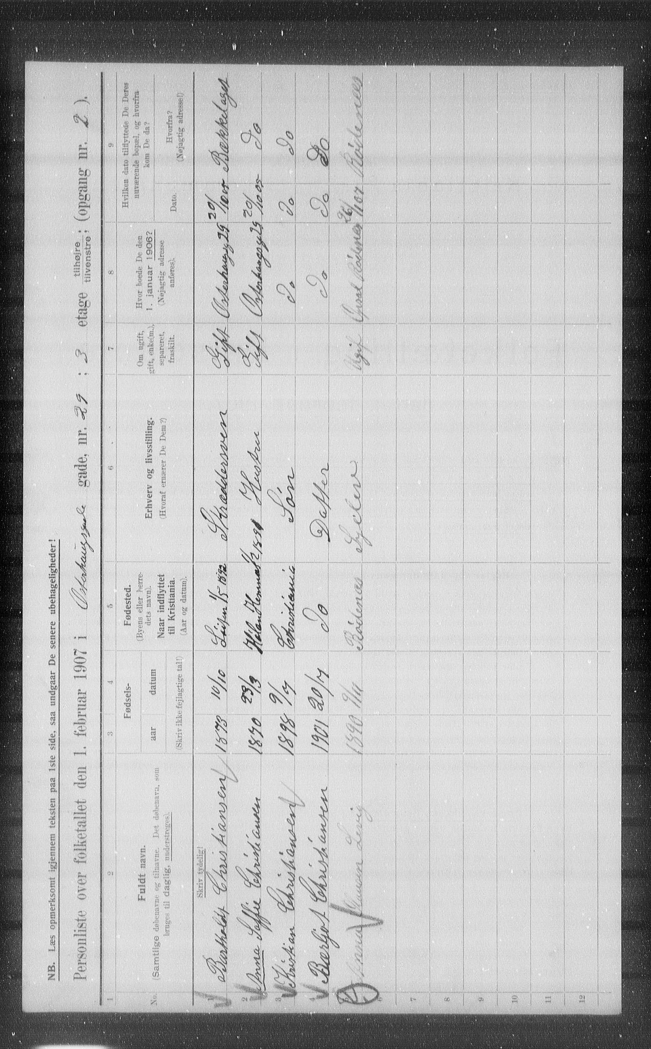 OBA, Kommunal folketelling 1.2.1907 for Kristiania kjøpstad, 1907, s. 39799