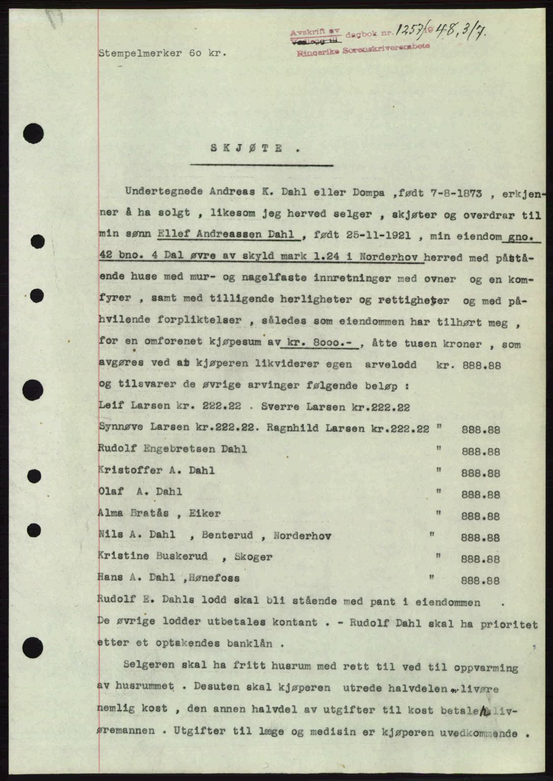 Ringerike sorenskriveri, SAKO/A-105/G/Ga/Gab/L0088: Pantebok nr. A-19, 1948-1948, Dagboknr: 1257/1948