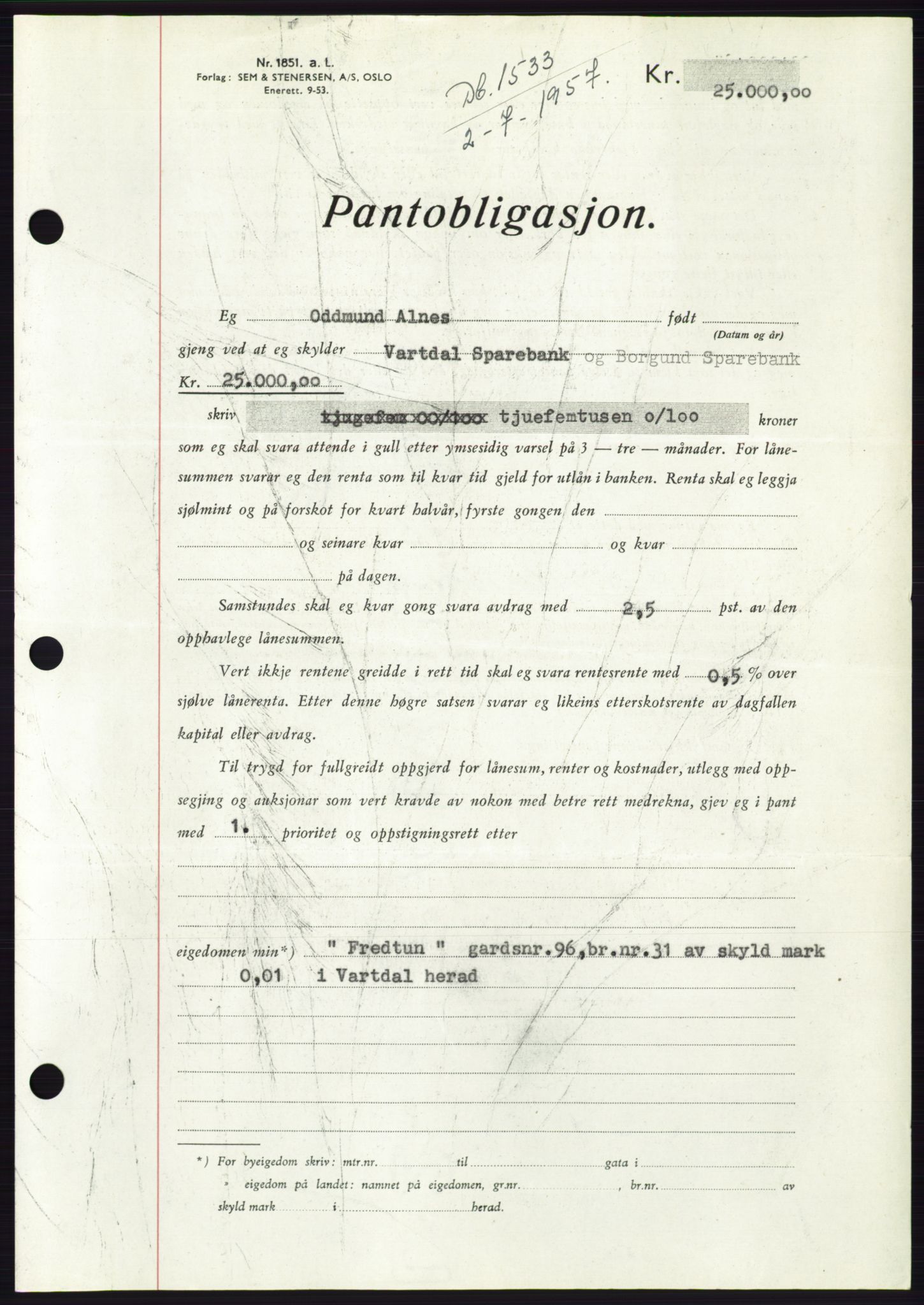 Søre Sunnmøre sorenskriveri, AV/SAT-A-4122/1/2/2C/L0130: Pantebok nr. 18B, 1957-1958, Dagboknr: 1533/1957