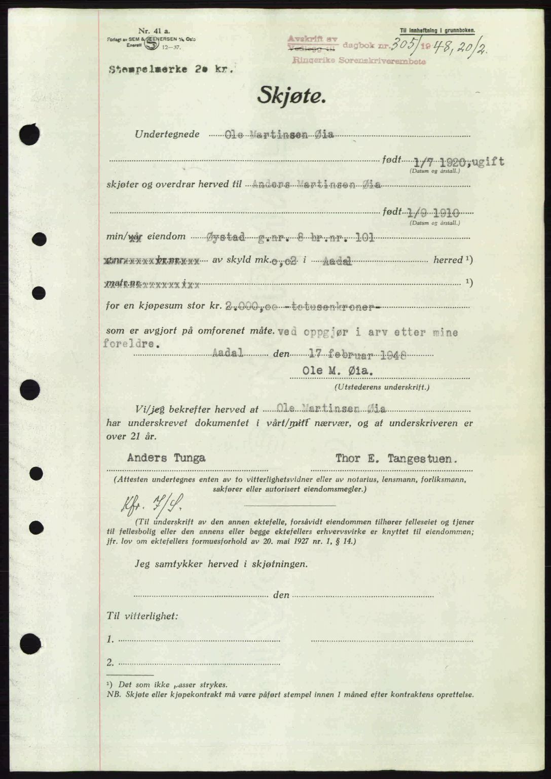 Ringerike sorenskriveri, SAKO/A-105/G/Ga/Gab/L0088: Pantebok nr. A-19, 1948-1948, Dagboknr: 305/1948