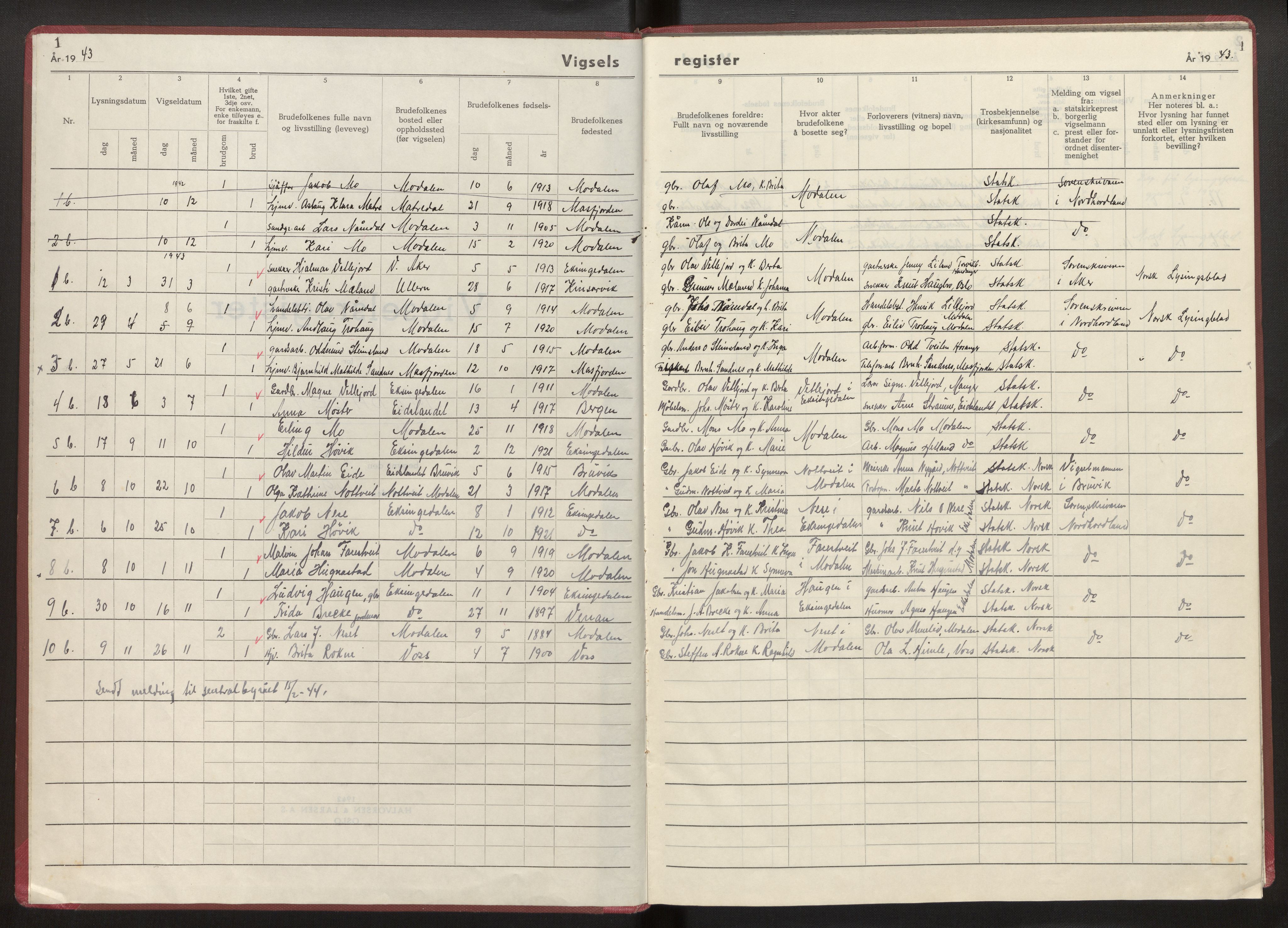 Modalen folkeregister (Krigsregister), AV/SAB-A-84601/F/L0002: Vigselsregisterv, 1943-1944