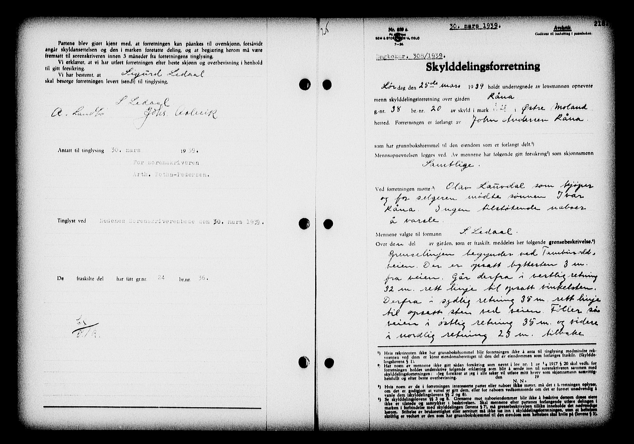 Nedenes sorenskriveri, AV/SAK-1221-0006/G/Gb/Gba/L0046: Pantebok nr. 42, 1938-1939, Dagboknr: 308/1939