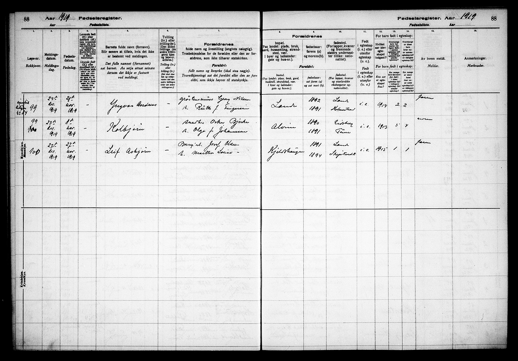 Tune prestekontor Kirkebøker, AV/SAO-A-2007/J/Ja/L0001: Fødselsregister nr. I 1, 1916-1928, s. 88