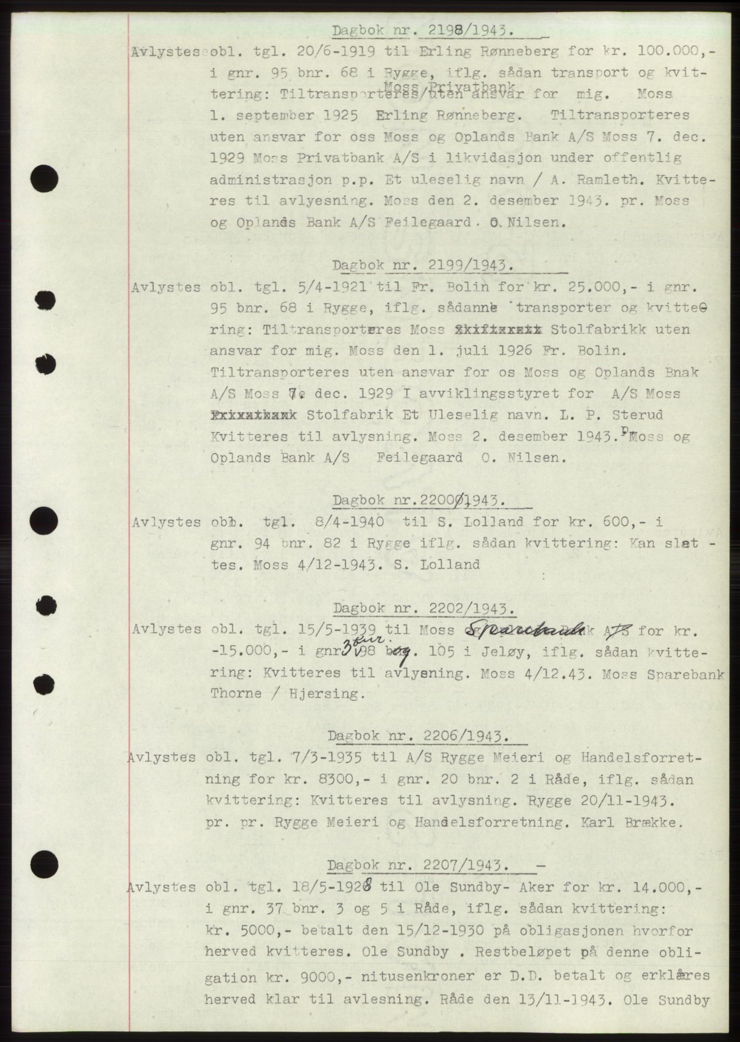 Moss sorenskriveri, SAO/A-10168: Pantebok nr. C10, 1938-1950, Dagboknr: 2198/1943