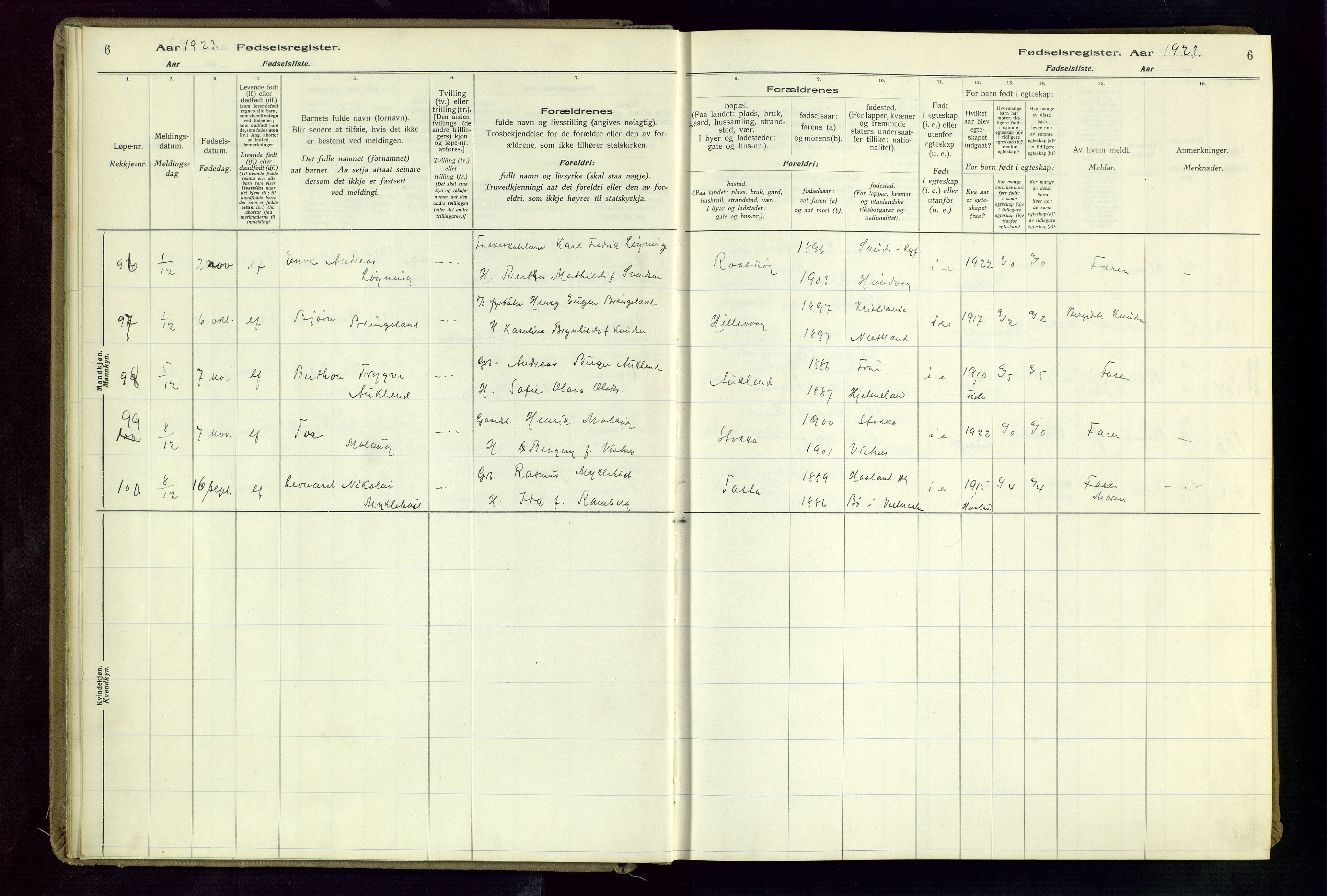 Hetland sokneprestkontor, AV/SAST-A-101826/70/704BA/L0004: Fødselsregister nr. 4, 1923-1937, s. 6