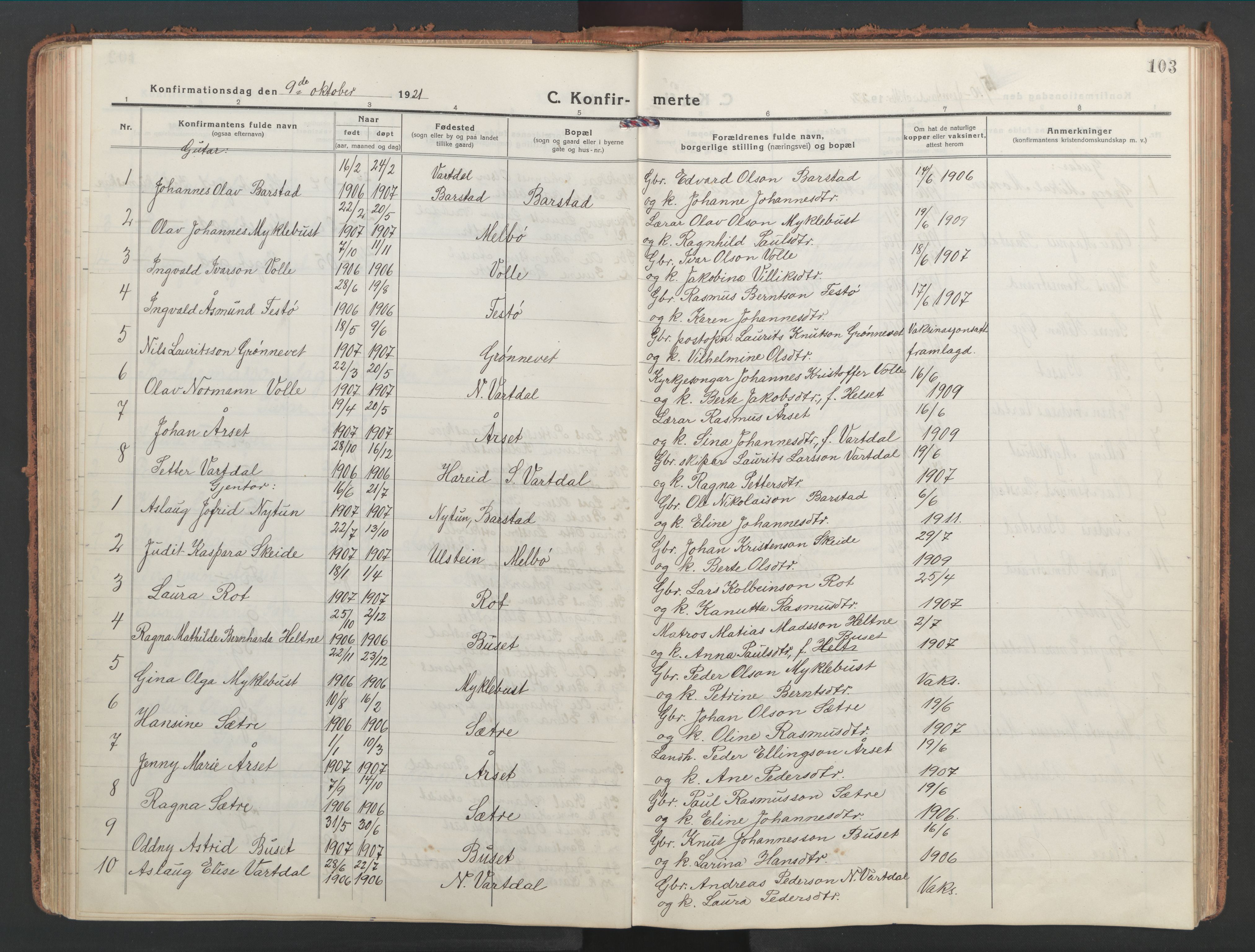 Ministerialprotokoller, klokkerbøker og fødselsregistre - Møre og Romsdal, AV/SAT-A-1454/514/L0202: Klokkerbok nr. 514C02, 1916-1944, s. 103