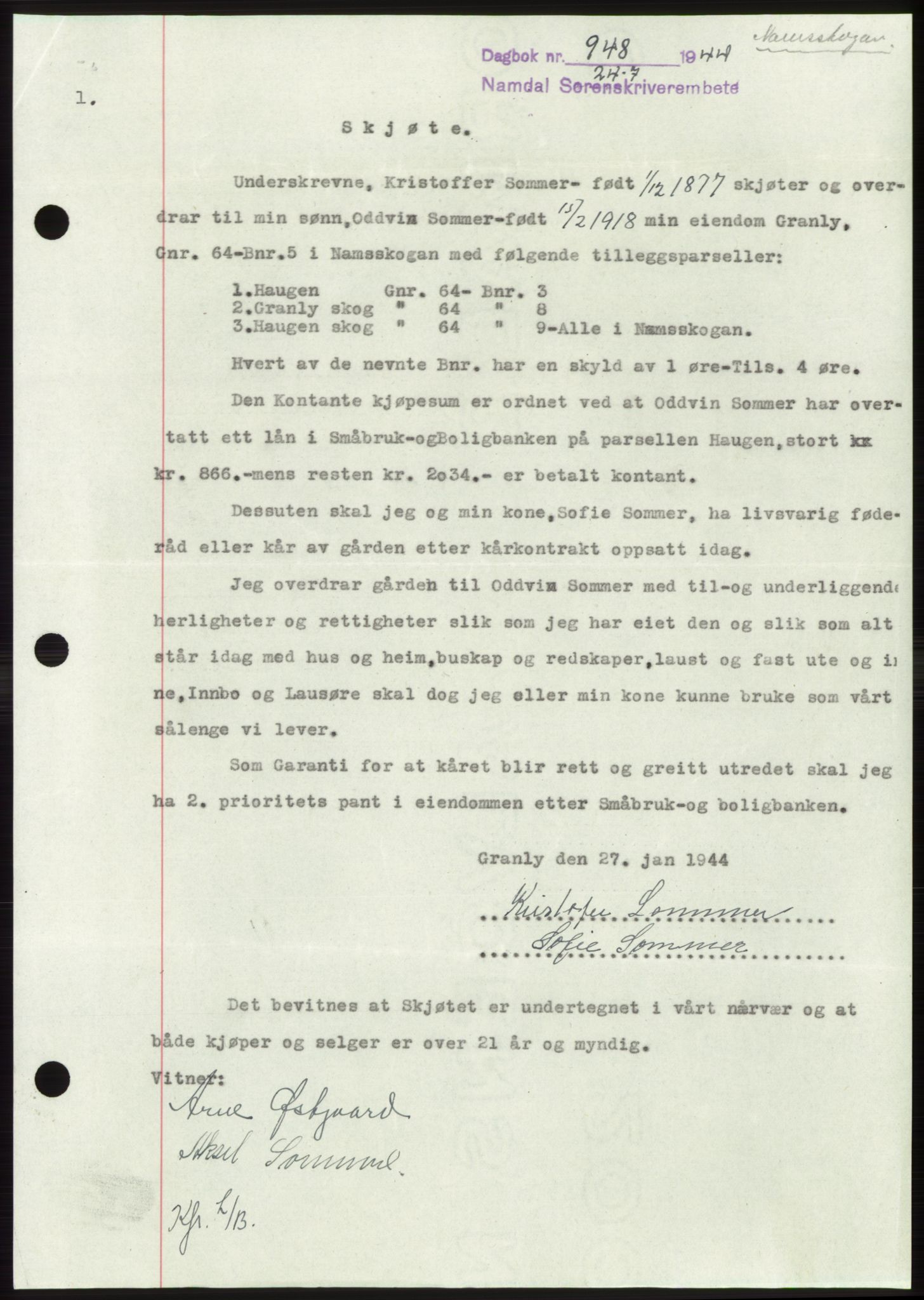 Namdal sorenskriveri, SAT/A-4133/1/2/2C: Pantebok nr. -, 1944-1945, Dagboknr: 948/1944