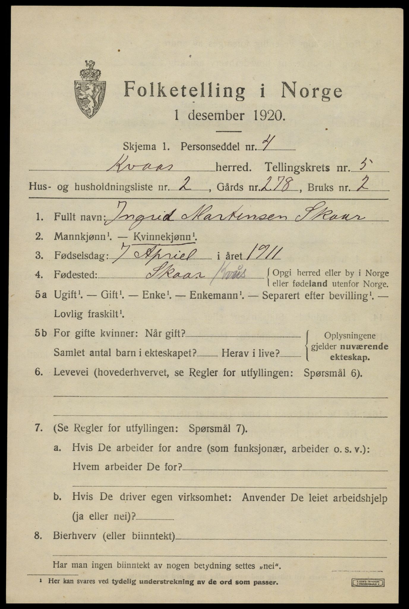 SAK, Folketelling 1920 for 1033 Kvås herred, 1920, s. 1302