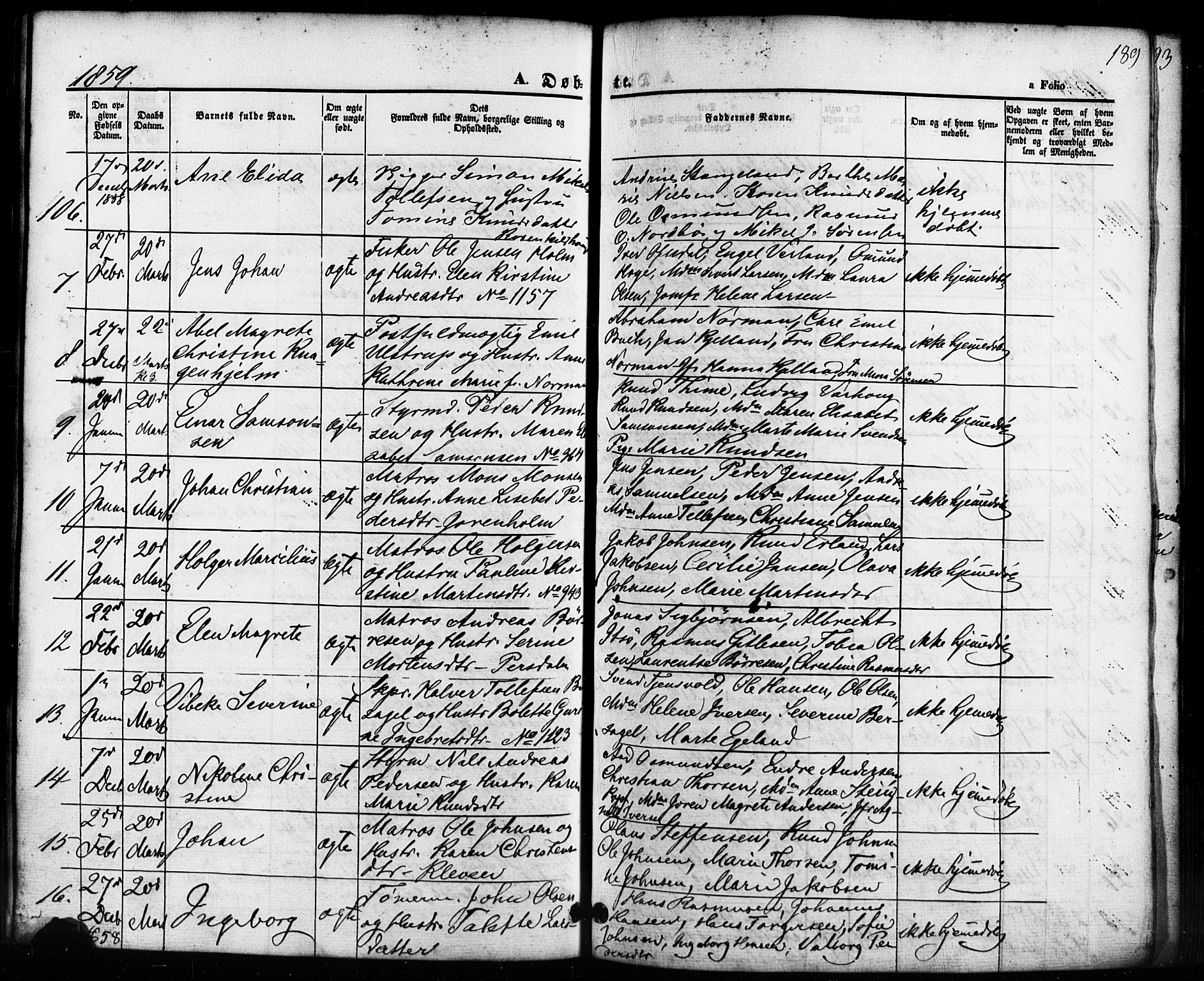 Domkirken sokneprestkontor, AV/SAST-A-101812/001/30/30BB/L0010: Klokkerbok nr. B 10, 1855-1860, s. 189