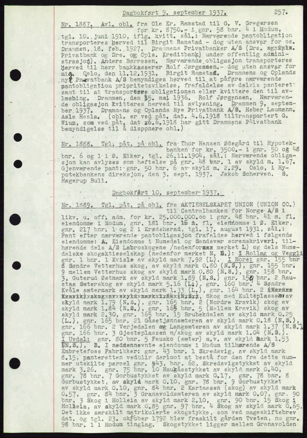 Eiker, Modum og Sigdal sorenskriveri, SAKO/A-123/G/Ga/Gab/L0036: Pantebok nr. A6, 1937-1937, Dagboknr: 1887/1937