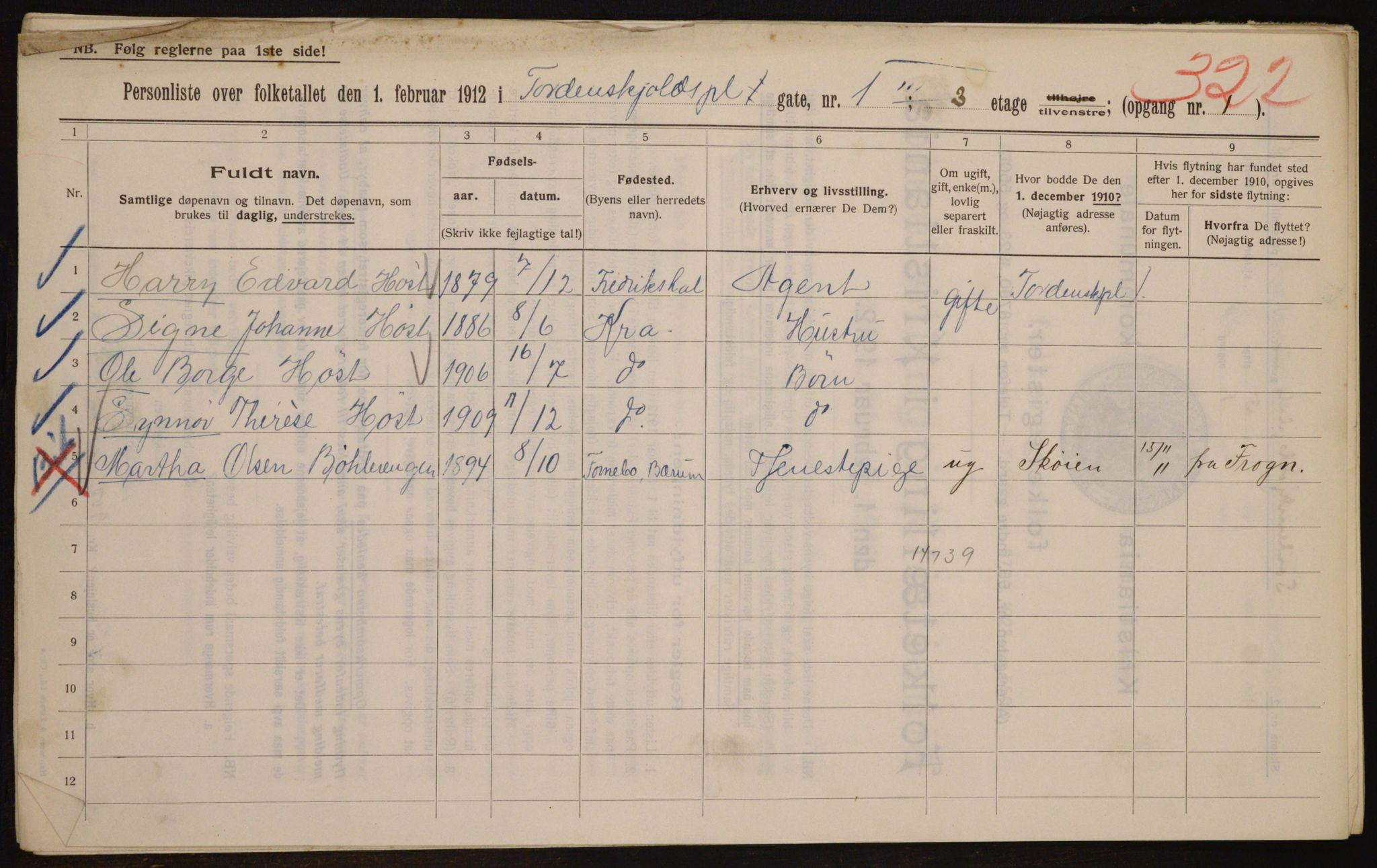 OBA, Kommunal folketelling 1.2.1912 for Kristiania, 1912, s. 113807