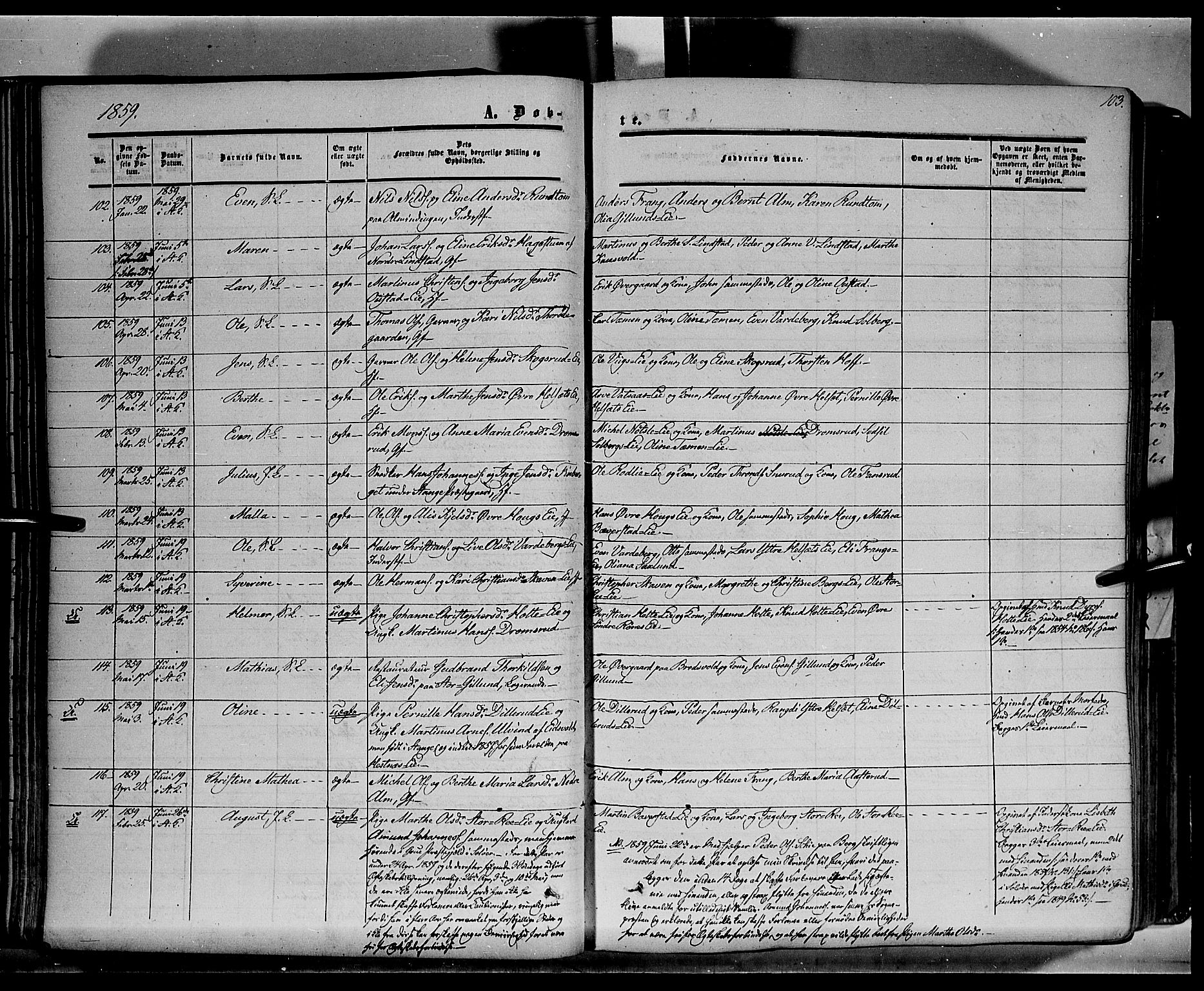 Stange prestekontor, AV/SAH-PREST-002/K/L0012: Ministerialbok nr. 12, 1852-1862, s. 103