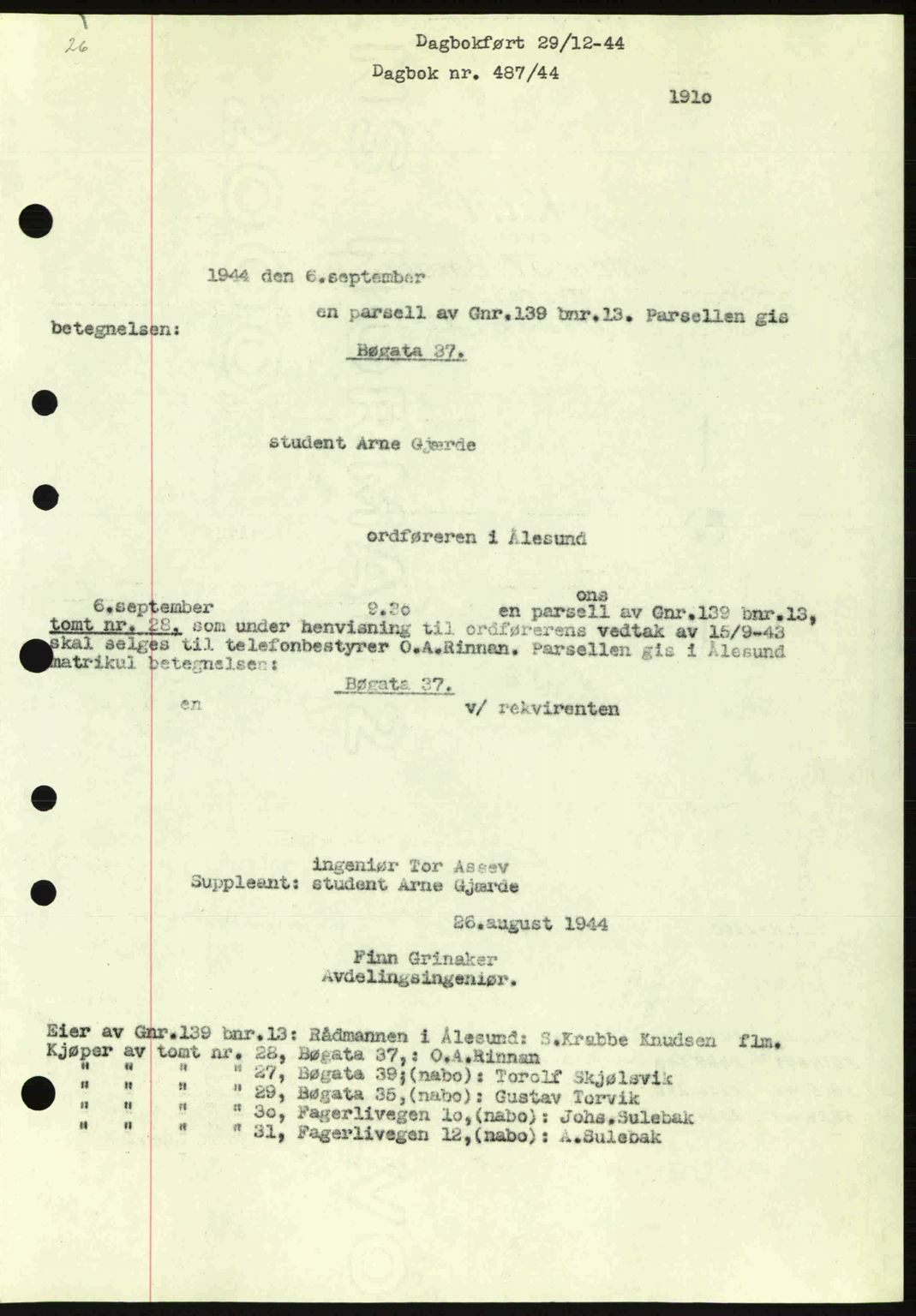 Ålesund byfogd, SAT/A-4384: Pantebok nr. 36a, 1944-1945, Dagboknr: 487/1944