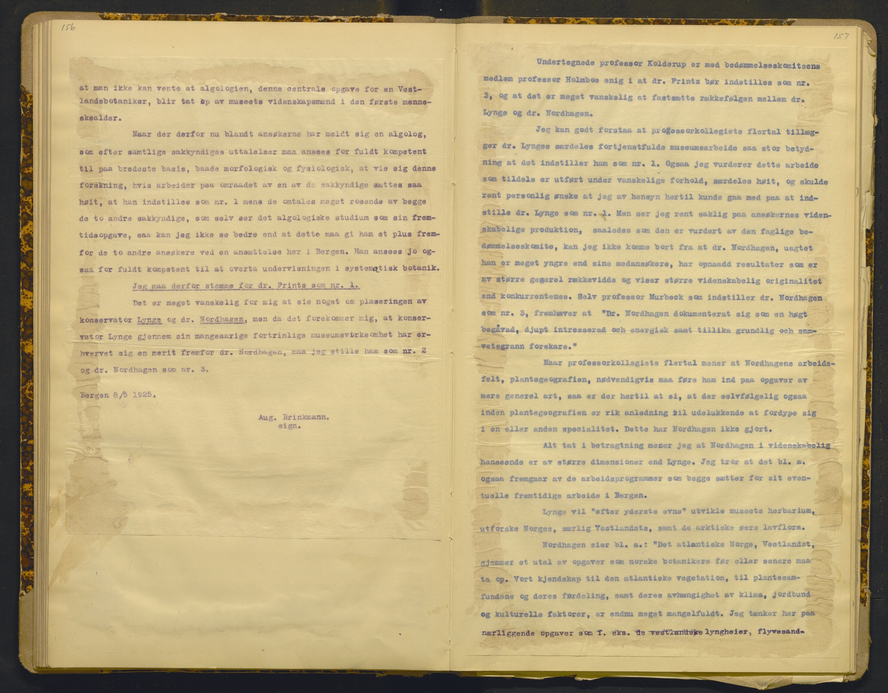 Bergens Museum, AV/SAB-A-17301/18/A/L0001: Bestyrerkollegiets forhandlingsprotokoll med register , 1907-1927, s. 156-157