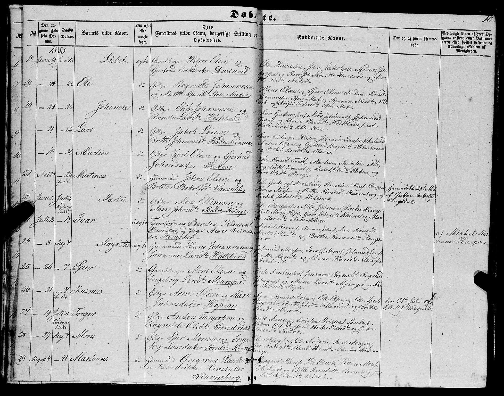 Masfjorden sokneprestembete, AV/SAB-A-77001: Klokkerbok nr. A 1, 1851-1875, s. 10