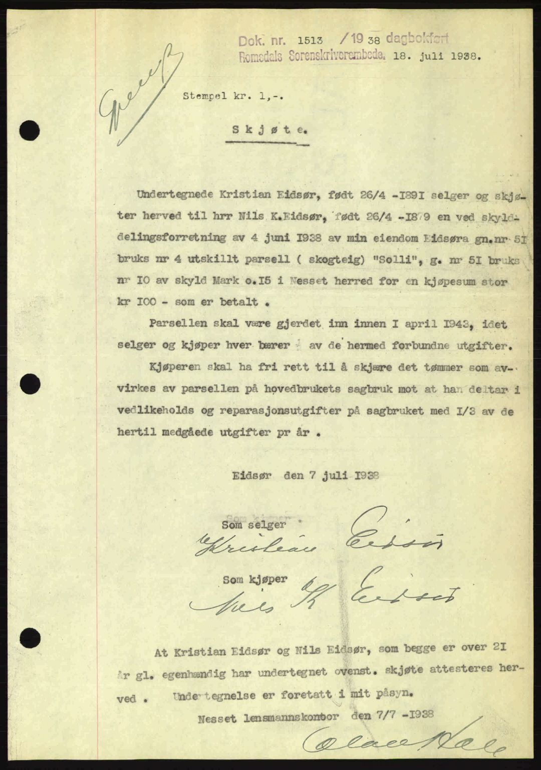 Romsdal sorenskriveri, SAT/A-4149/1/2/2C: Pantebok nr. A5, 1938-1938, Dagboknr: 1513/1938