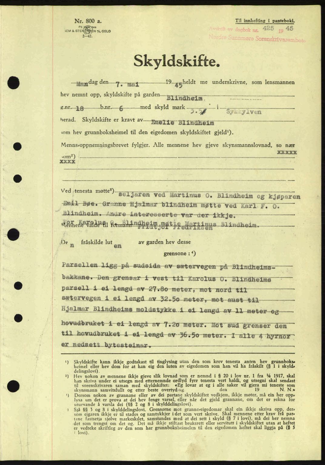 Nordre Sunnmøre sorenskriveri, SAT/A-0006/1/2/2C/2Ca: Pantebok nr. A19, 1944-1945, Dagboknr: 425/1945