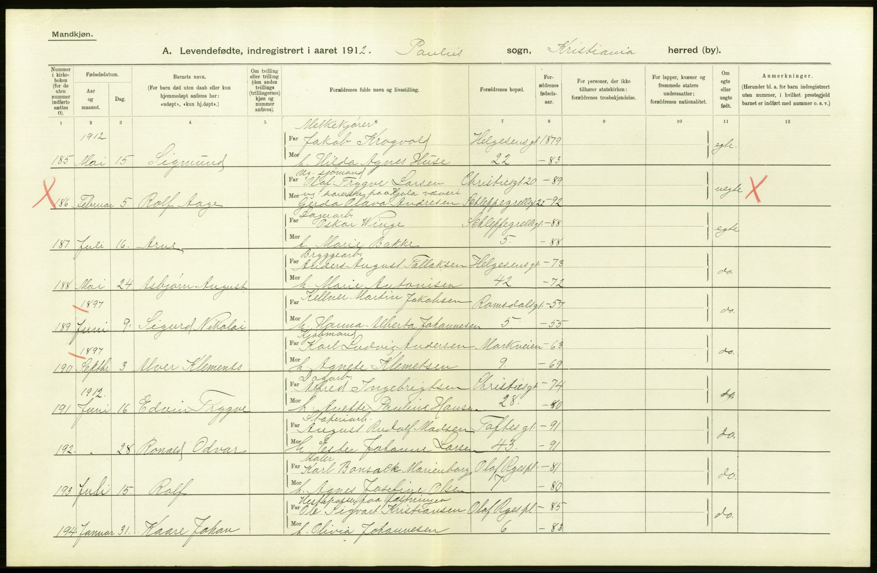 Statistisk sentralbyrå, Sosiodemografiske emner, Befolkning, RA/S-2228/D/Df/Dfb/Dfbb/L0006: Kristiania:  Levendefødte menn og kvinner., 1912, s. 170