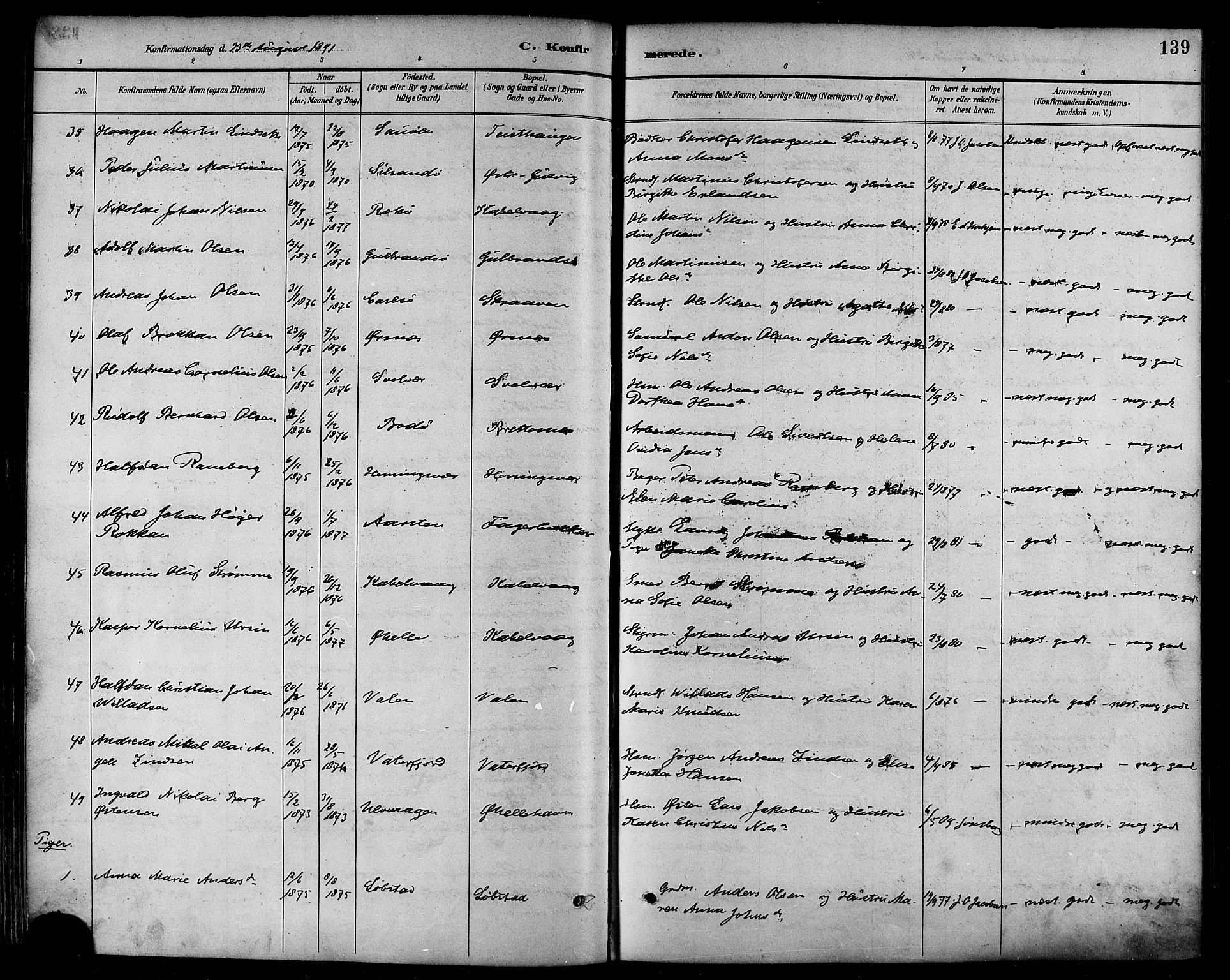 Ministerialprotokoller, klokkerbøker og fødselsregistre - Nordland, SAT/A-1459/874/L1060: Ministerialbok nr. 874A04, 1890-1899, s. 139