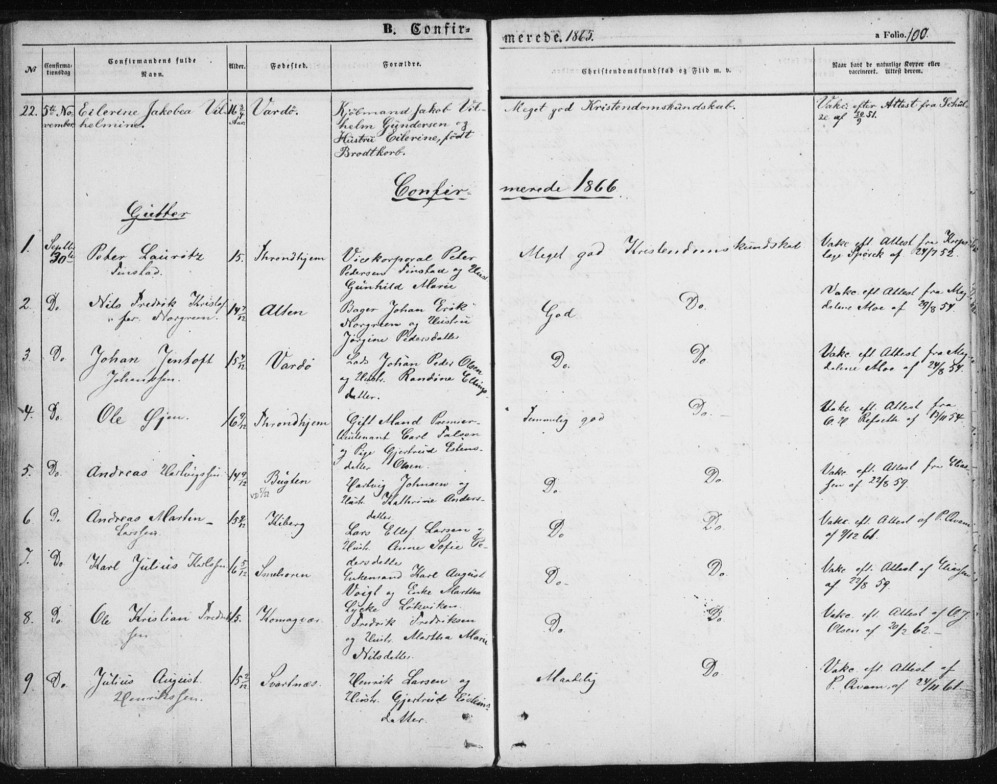 Vardø sokneprestkontor, AV/SATØ-S-1332/H/Ha/L0004kirke: Ministerialbok nr. 4, 1862-1871, s. 100