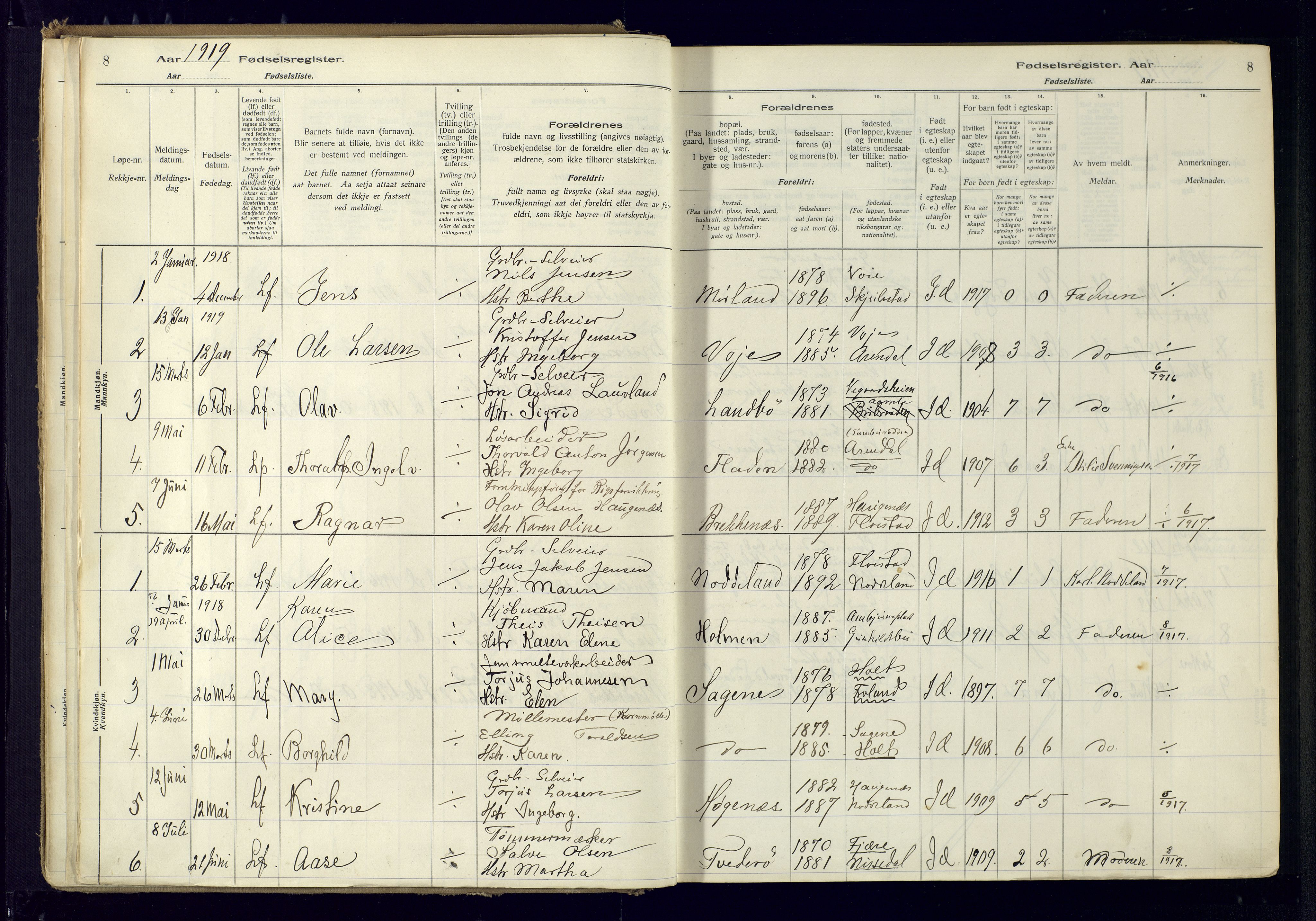 Austre Moland sokneprestkontor, AV/SAK-1111-0001/J/Ja/L0001: Fødselsregister nr. A-VI-25, 1916-1975, s. 8