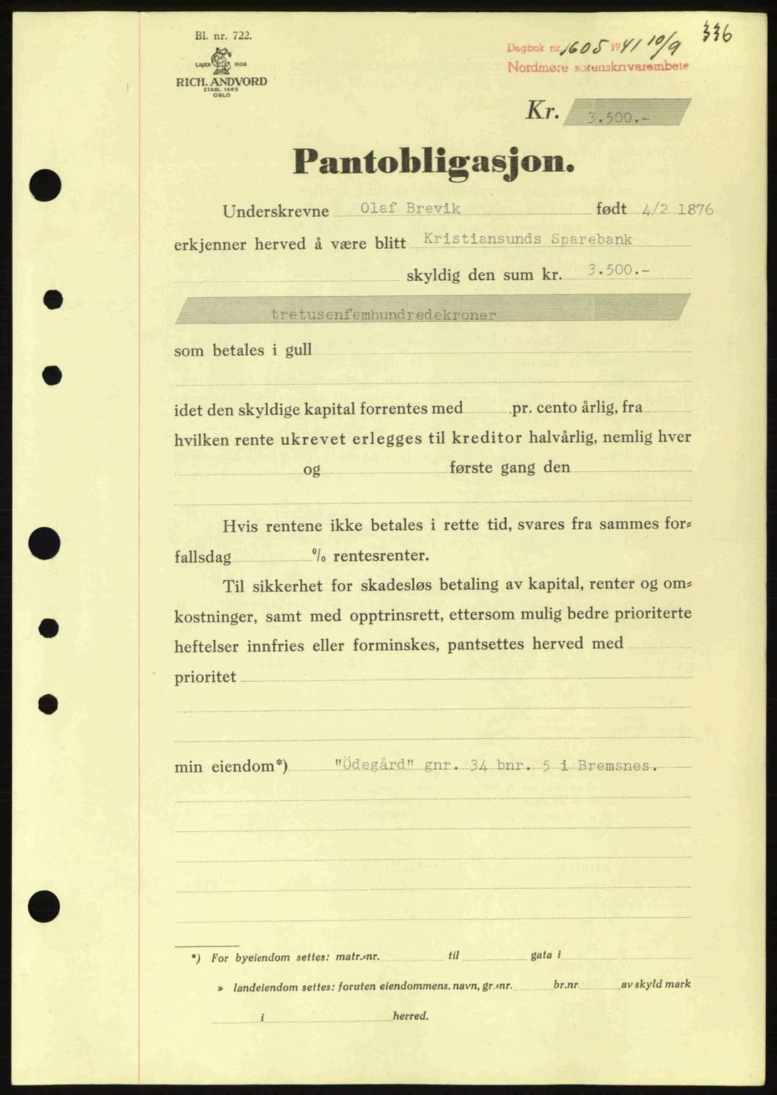 Nordmøre sorenskriveri, SAT/A-4132/1/2/2Ca: Pantebok nr. B88, 1941-1942, Dagboknr: 1605/1941