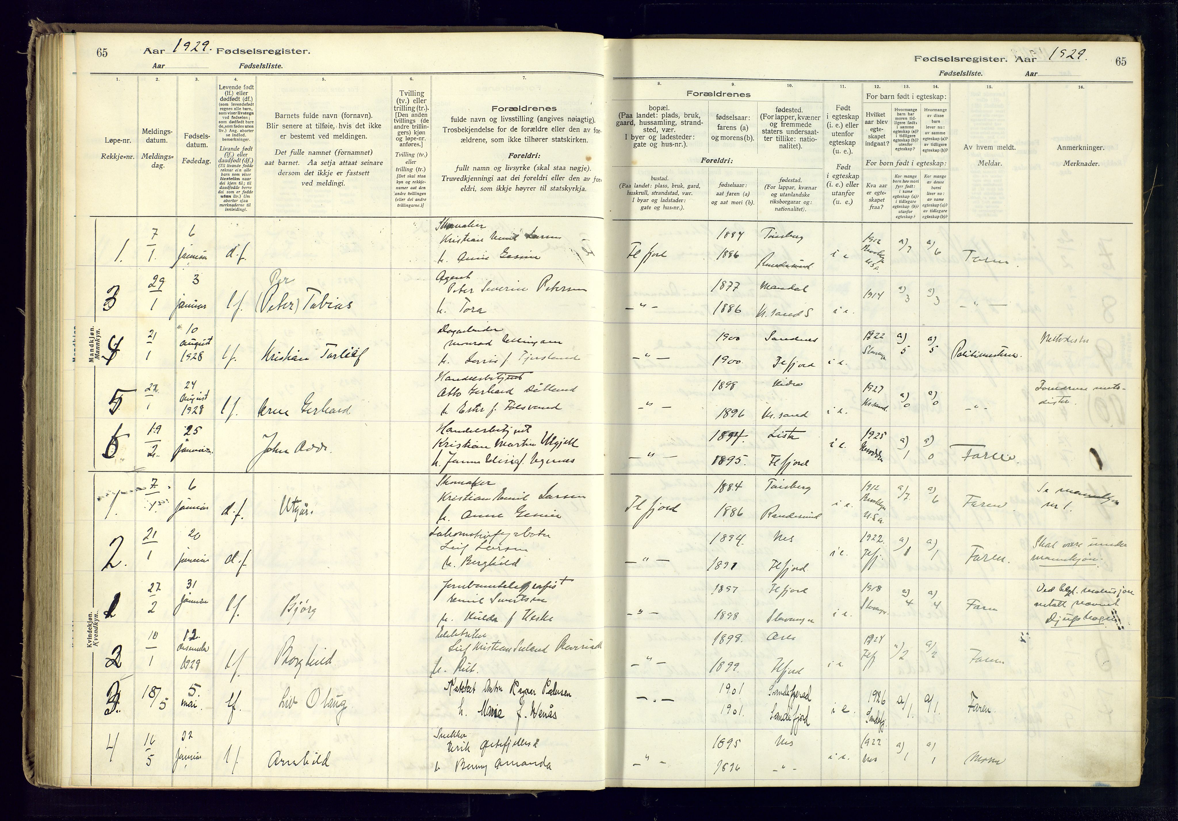 Flekkefjord sokneprestkontor, AV/SAK-1111-0012/J/Ja/L0001: Fødselsregister nr. 1, 1916-1948, s. 65