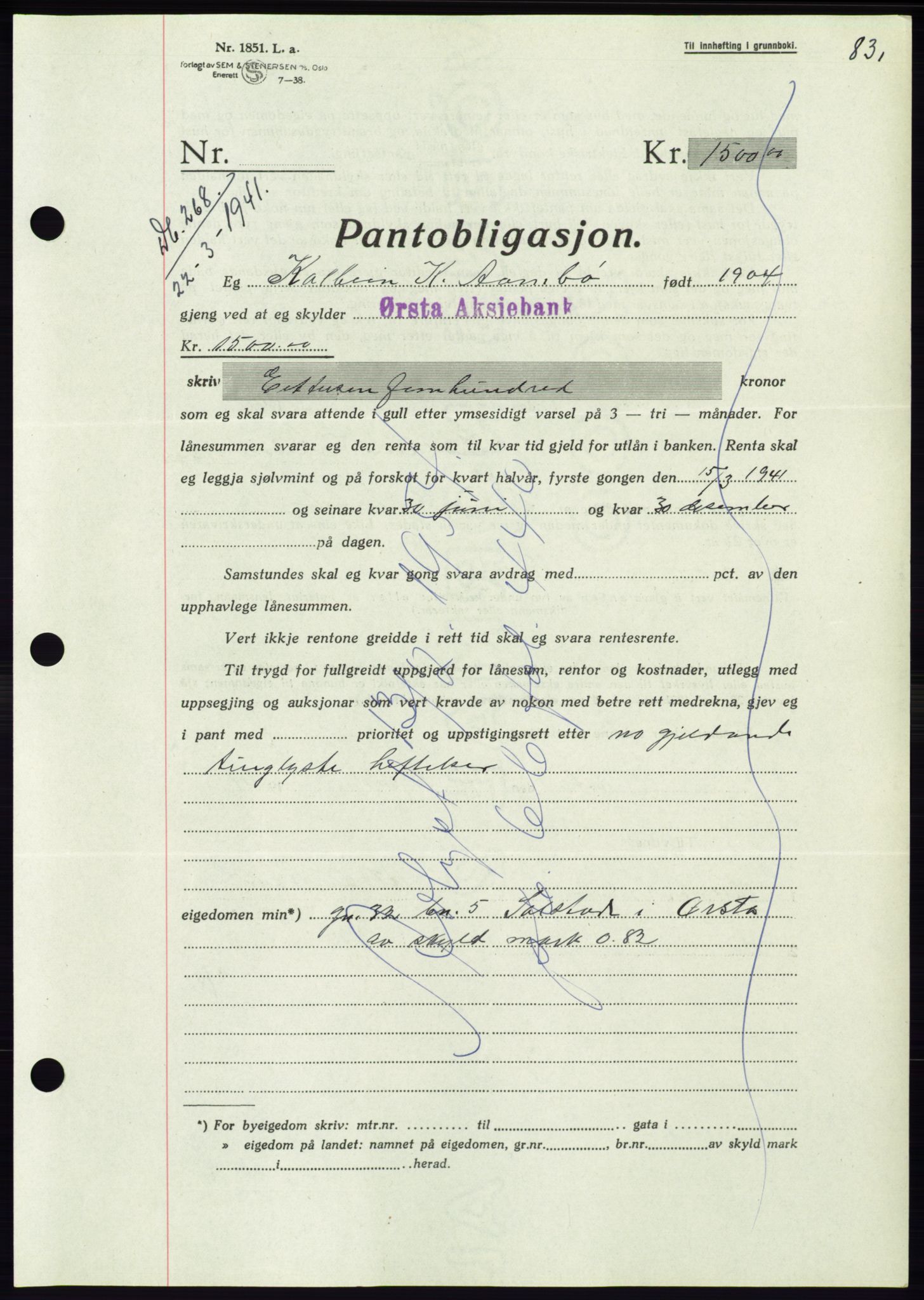 Søre Sunnmøre sorenskriveri, AV/SAT-A-4122/1/2/2C/L0071: Pantebok nr. 65, 1941-1941, Dagboknr: 268/1941