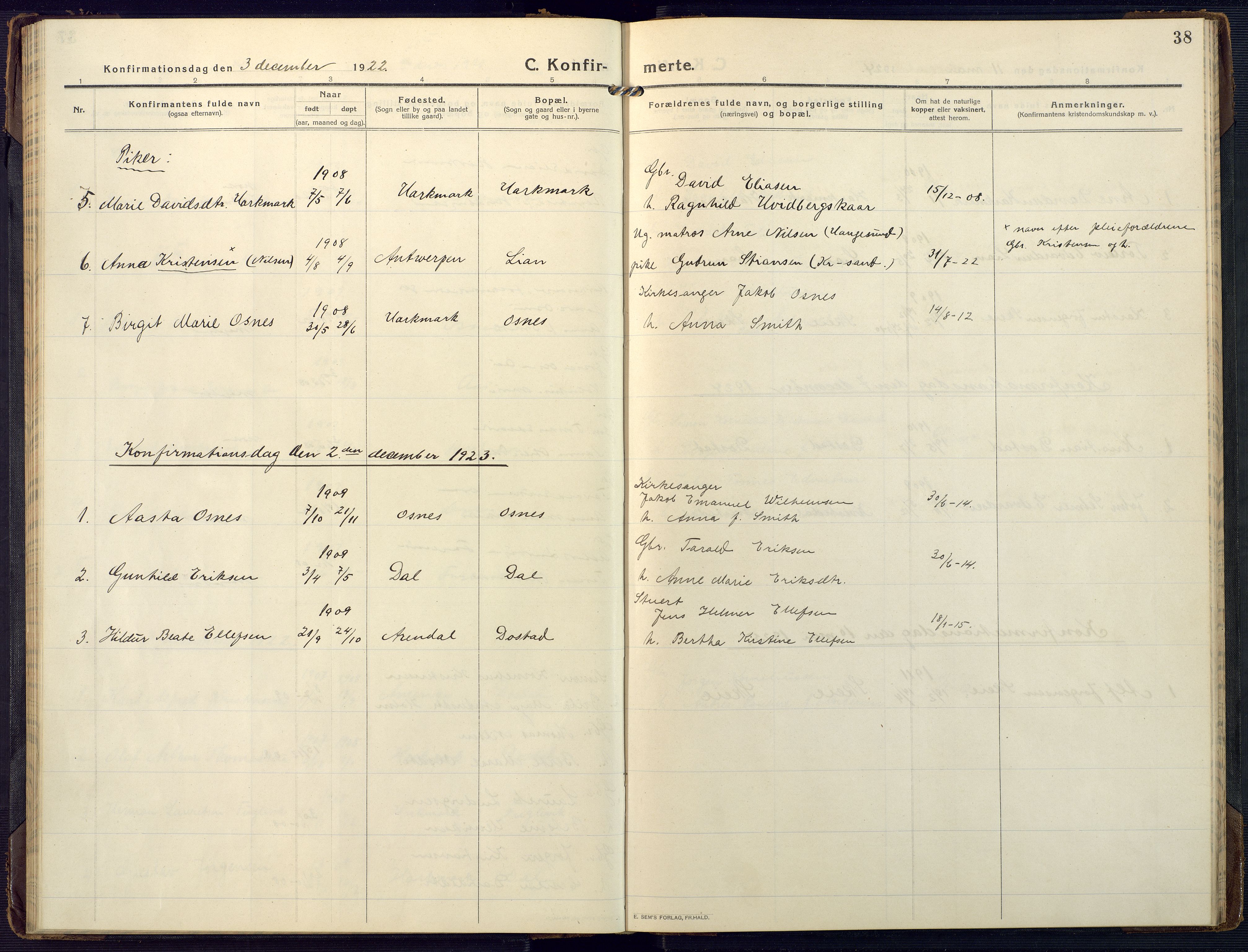 Mandal sokneprestkontor, AV/SAK-1111-0030/F/Fa/Fab/L0003: Ministerialbok nr. A 3, 1913-1933, s. 38