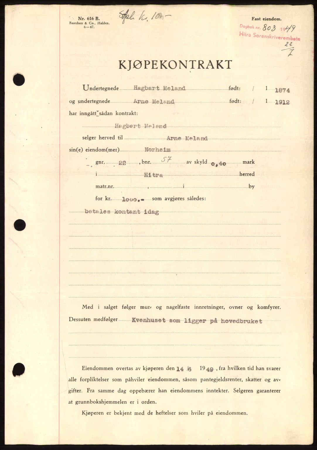 Hitra sorenskriveri, AV/SAT-A-0018/2/2C/2Ca: Pantebok nr. B1, 1939-1949, Dagboknr: 803/1949