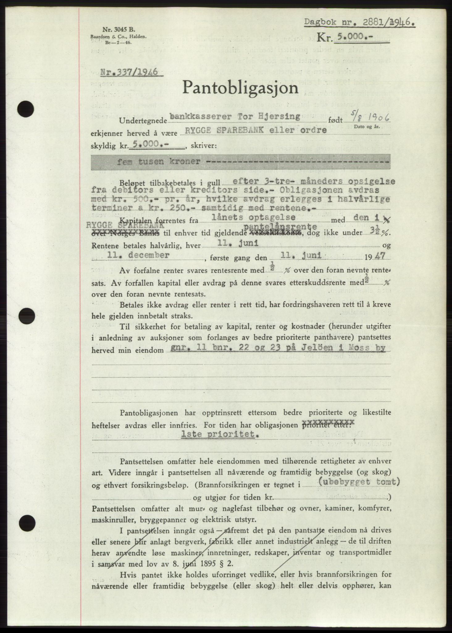 Moss sorenskriveri, SAO/A-10168: Pantebok nr. B16, 1946-1947, Dagboknr: 2881/1946