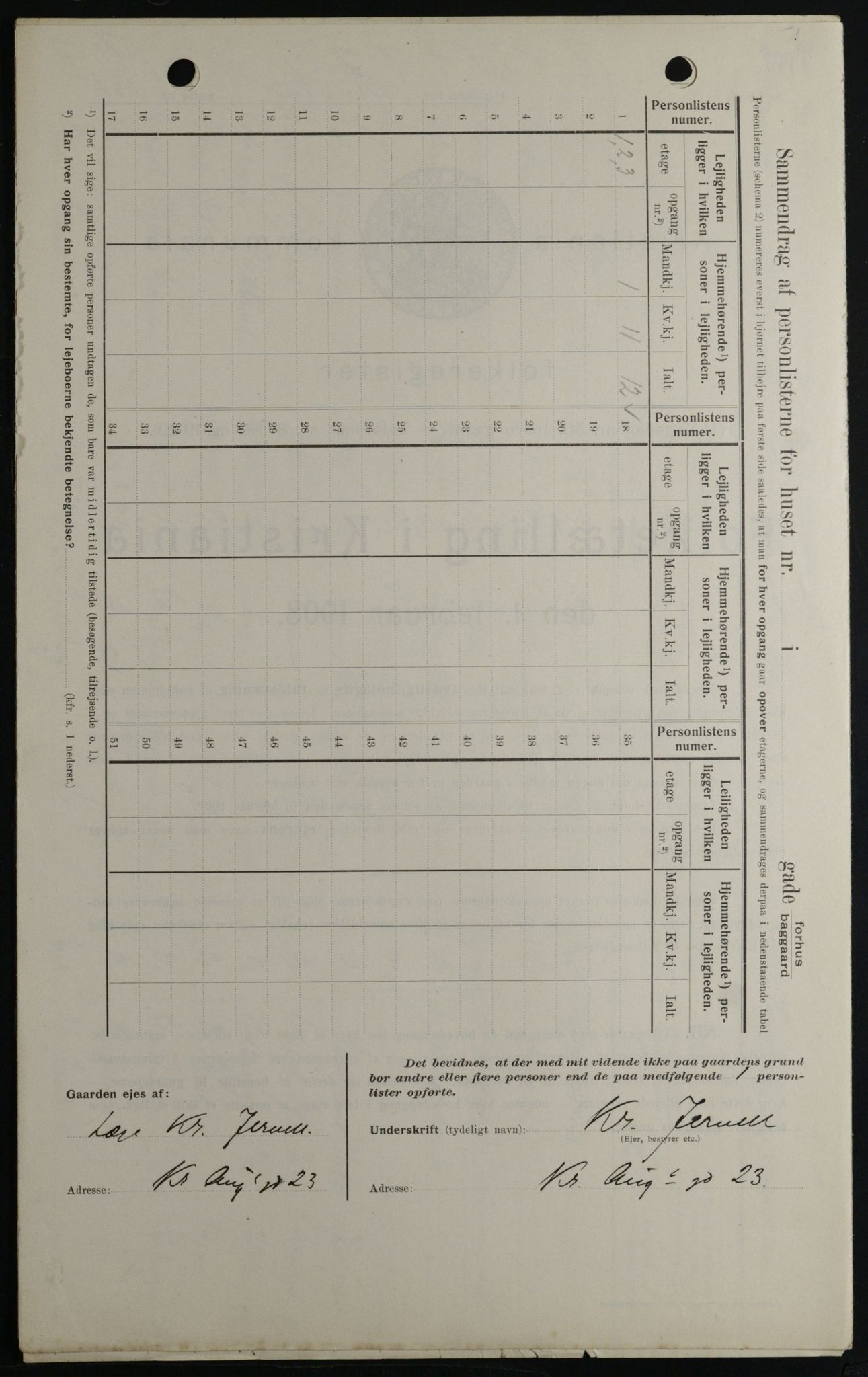 OBA, Kommunal folketelling 1.2.1908 for Kristiania kjøpstad, 1908, s. 48459