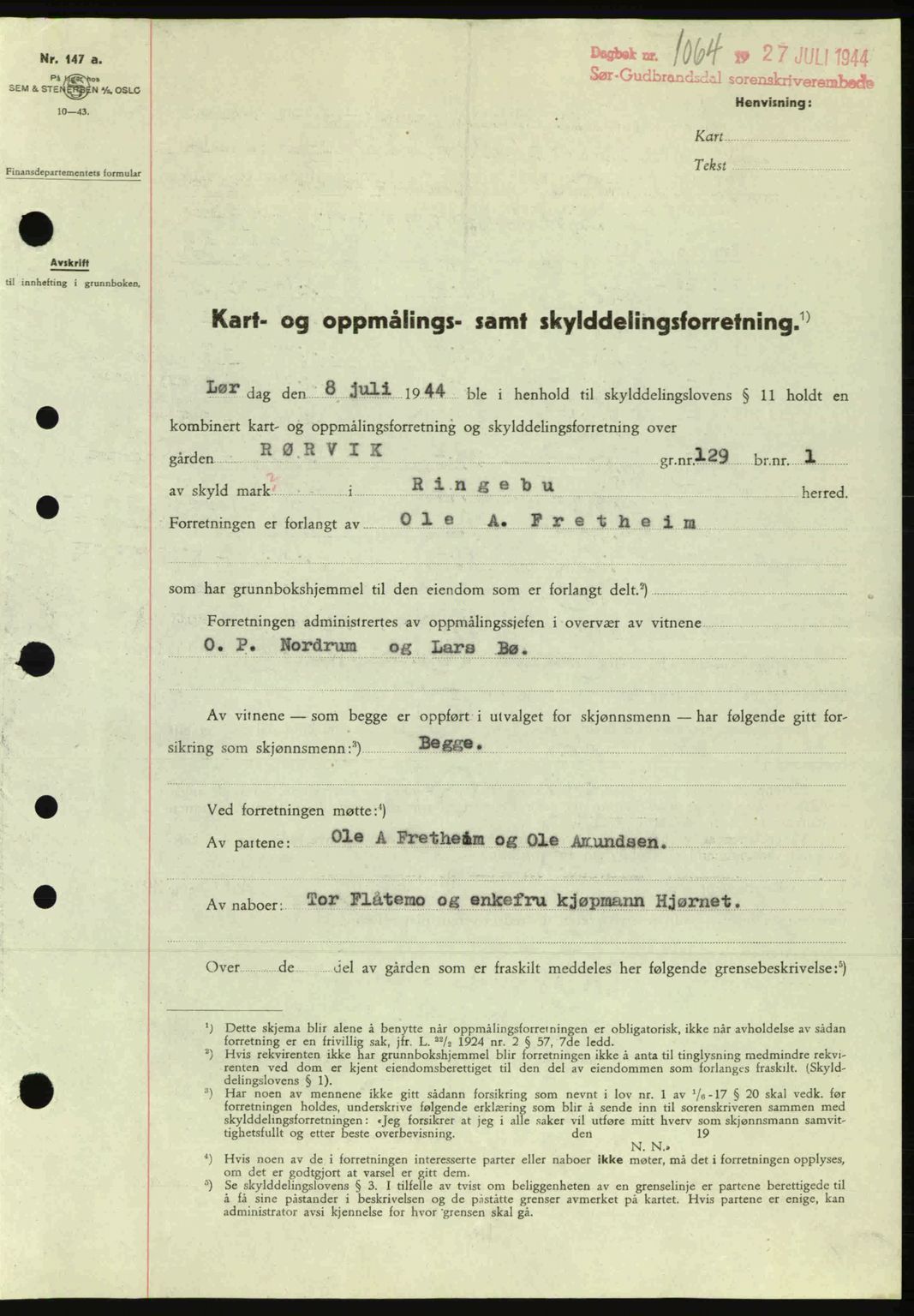 Sør-Gudbrandsdal tingrett, SAH/TING-004/H/Hb/Hbd/L0013: Pantebok nr. A13, 1944-1944, Dagboknr: 1064/1944