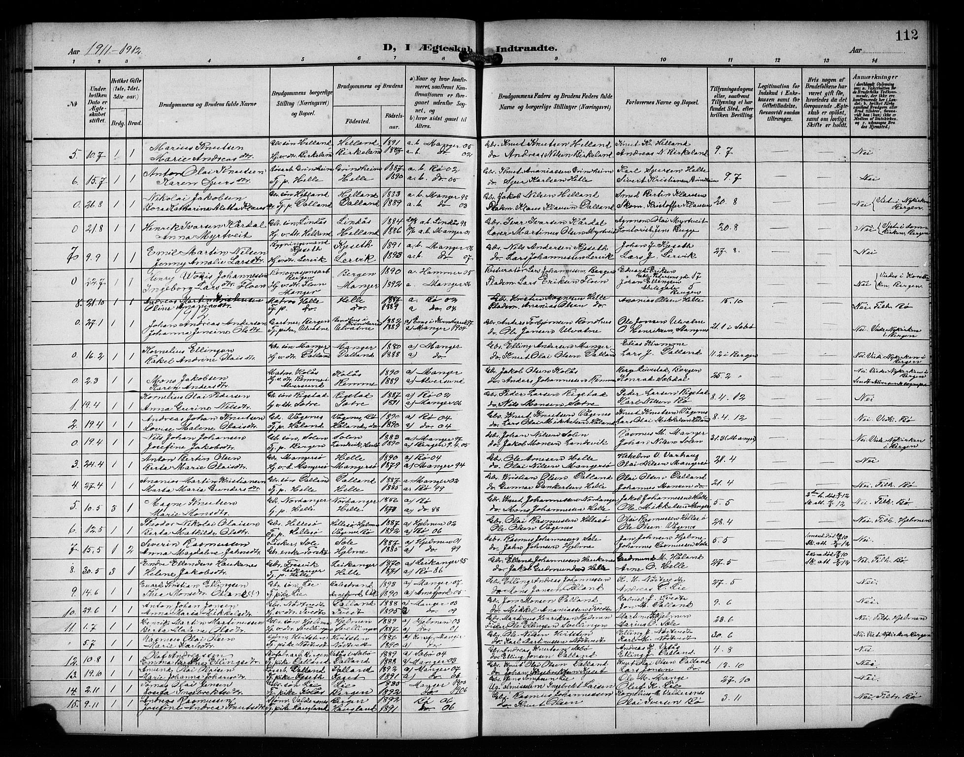 Manger sokneprestembete, AV/SAB-A-76801/H/Hab: Klokkerbok nr. A 2, 1902-1923, s. 112