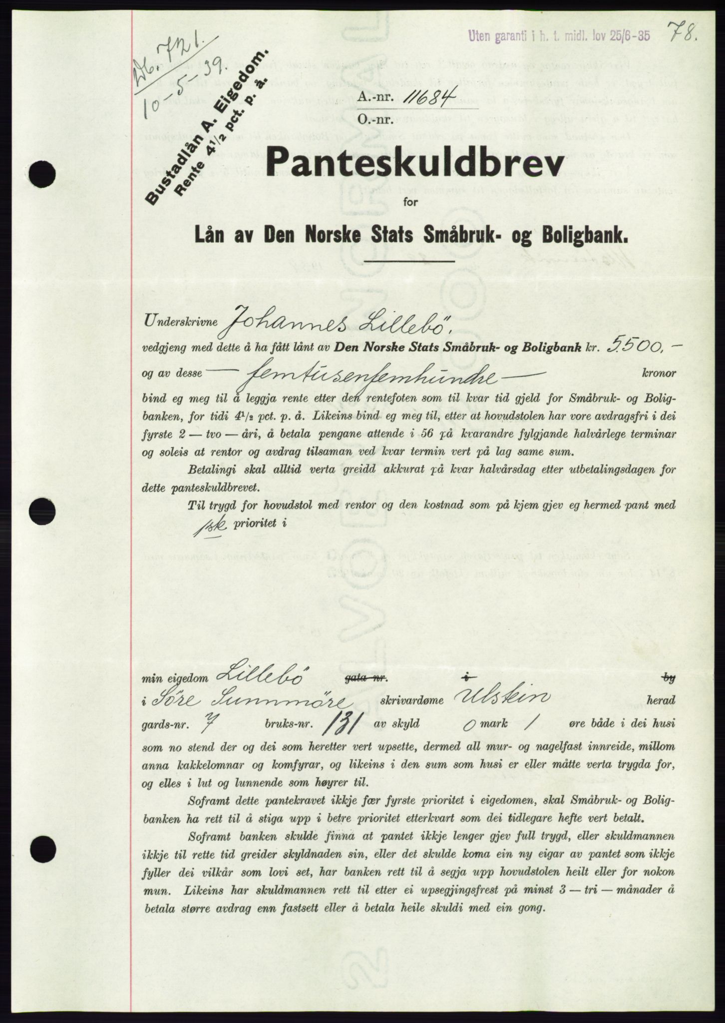 Søre Sunnmøre sorenskriveri, AV/SAT-A-4122/1/2/2C/L0068: Pantebok nr. 62, 1939-1939, Dagboknr: 721/1939