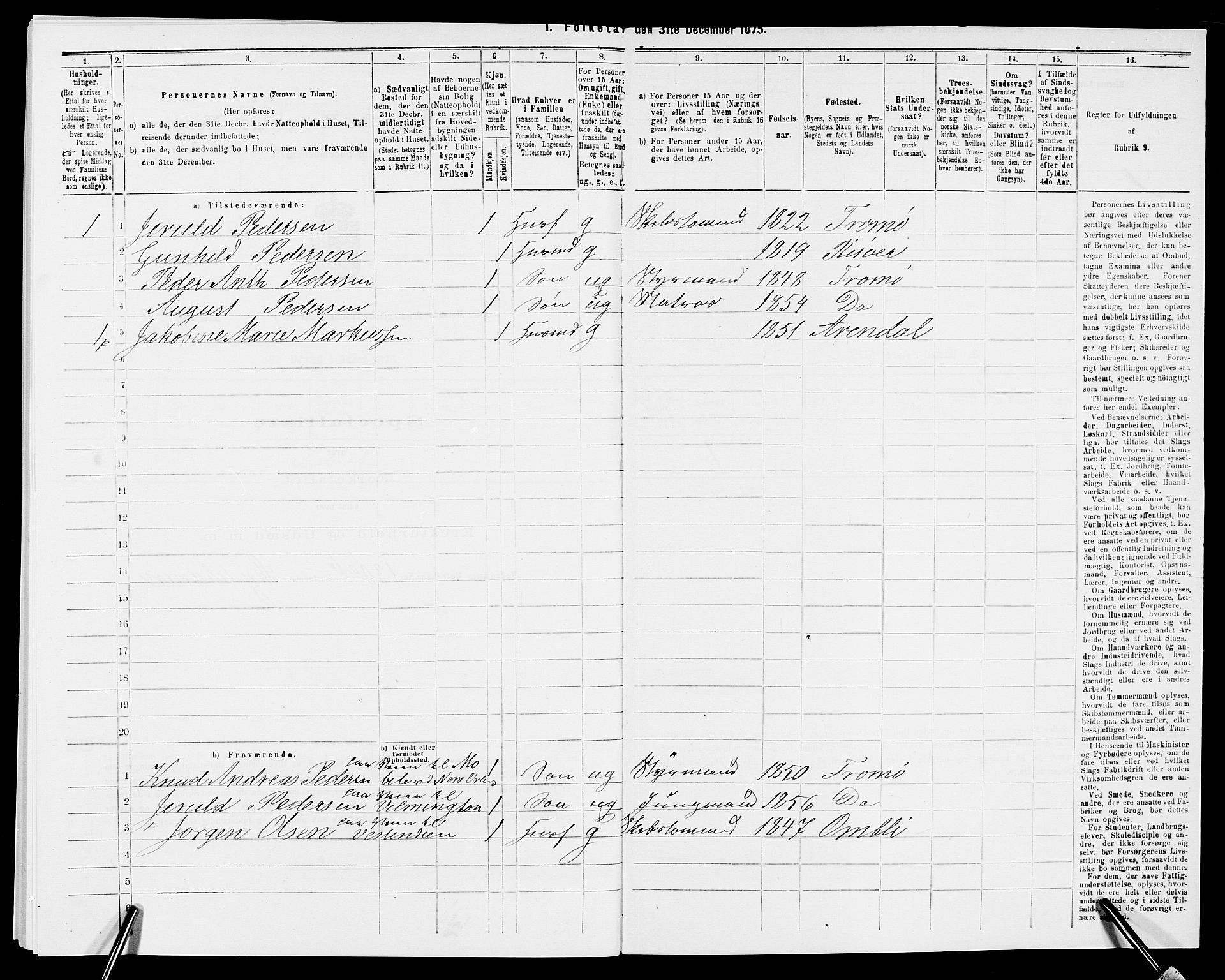 SAK, Folketelling 1875 for 0918P Austre Moland prestegjeld, 1875, s. 455