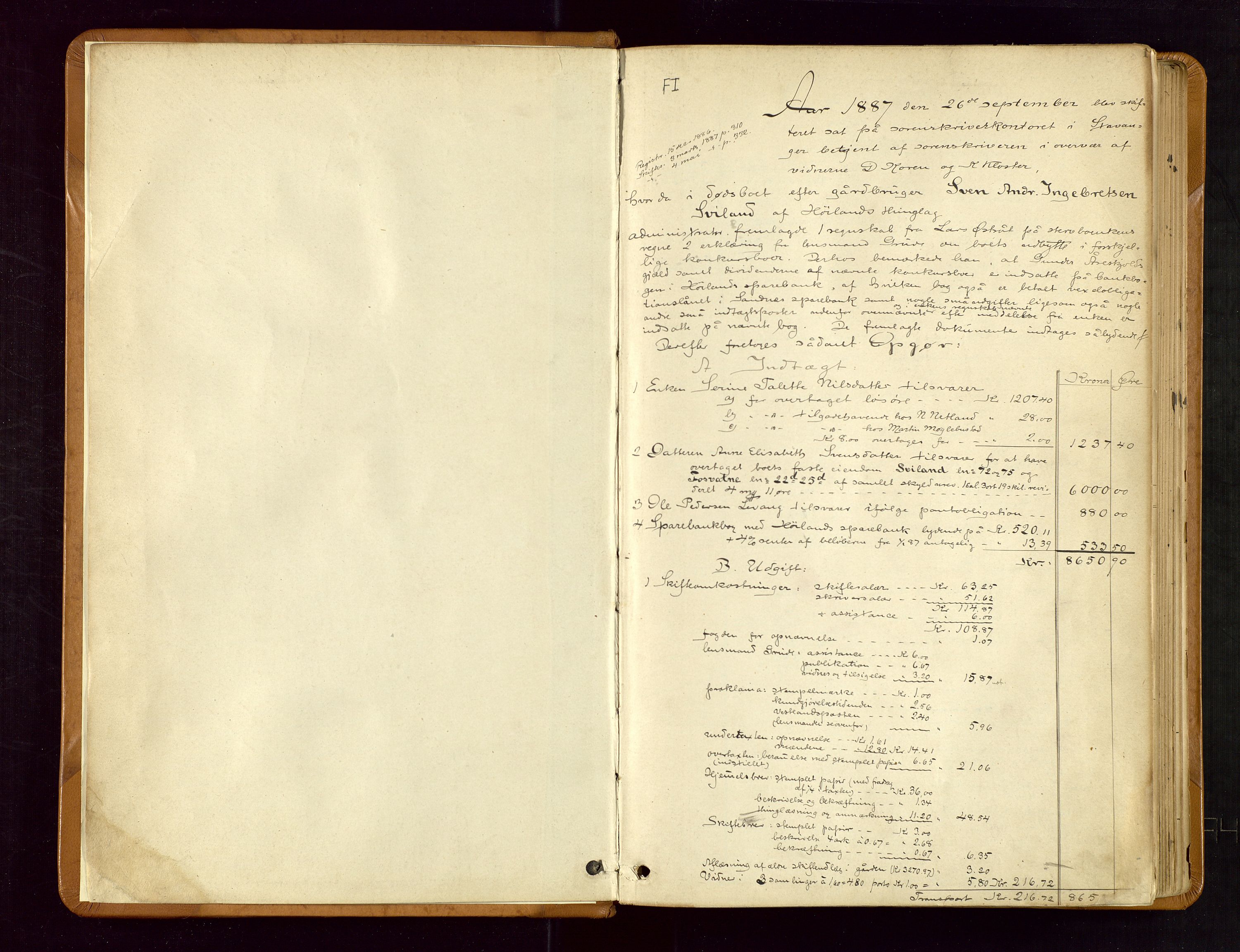Jæren sorenskriveri, AV/SAST-A-100310/01/5/50/50BB/L0004: SKIFTEUTLODNINGSPROTOKOLL, 1887-1893, s. 1
