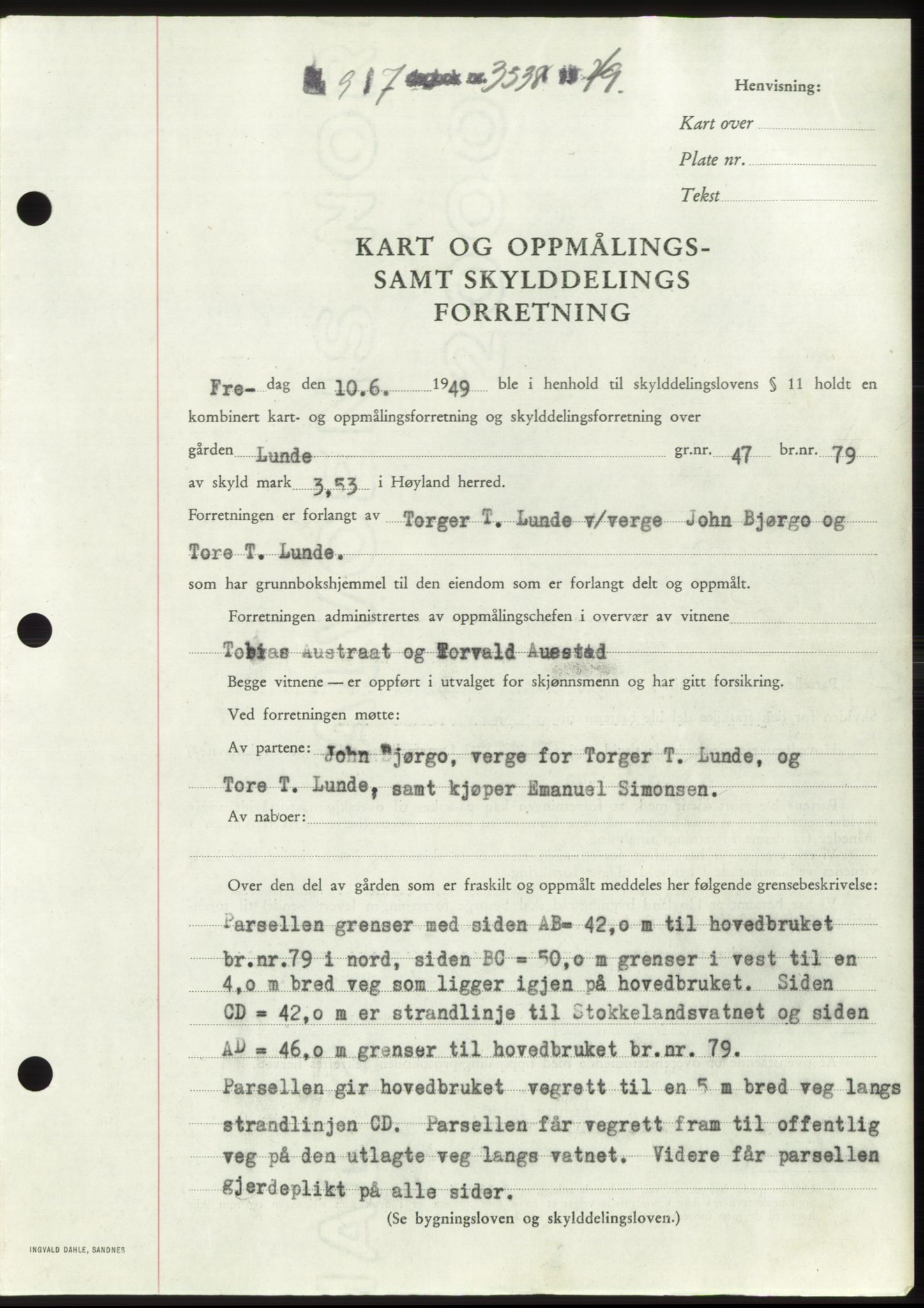 Jæren sorenskriveri, SAST/A-100310/03/G/Gba/L0103: Pantebok, 1949-1949, Dagboknr: 3538/1949