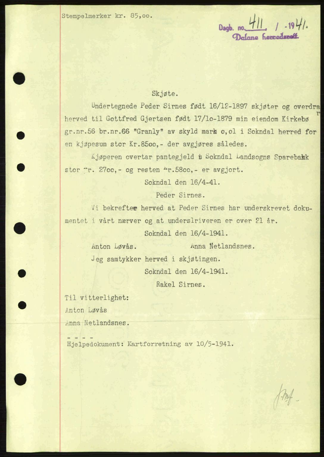 Dalane sorenskriveri, SAST/A-100309/02/G/Gb/L0044: Pantebok nr. A5, 1940-1941, Dagboknr: 411/1941