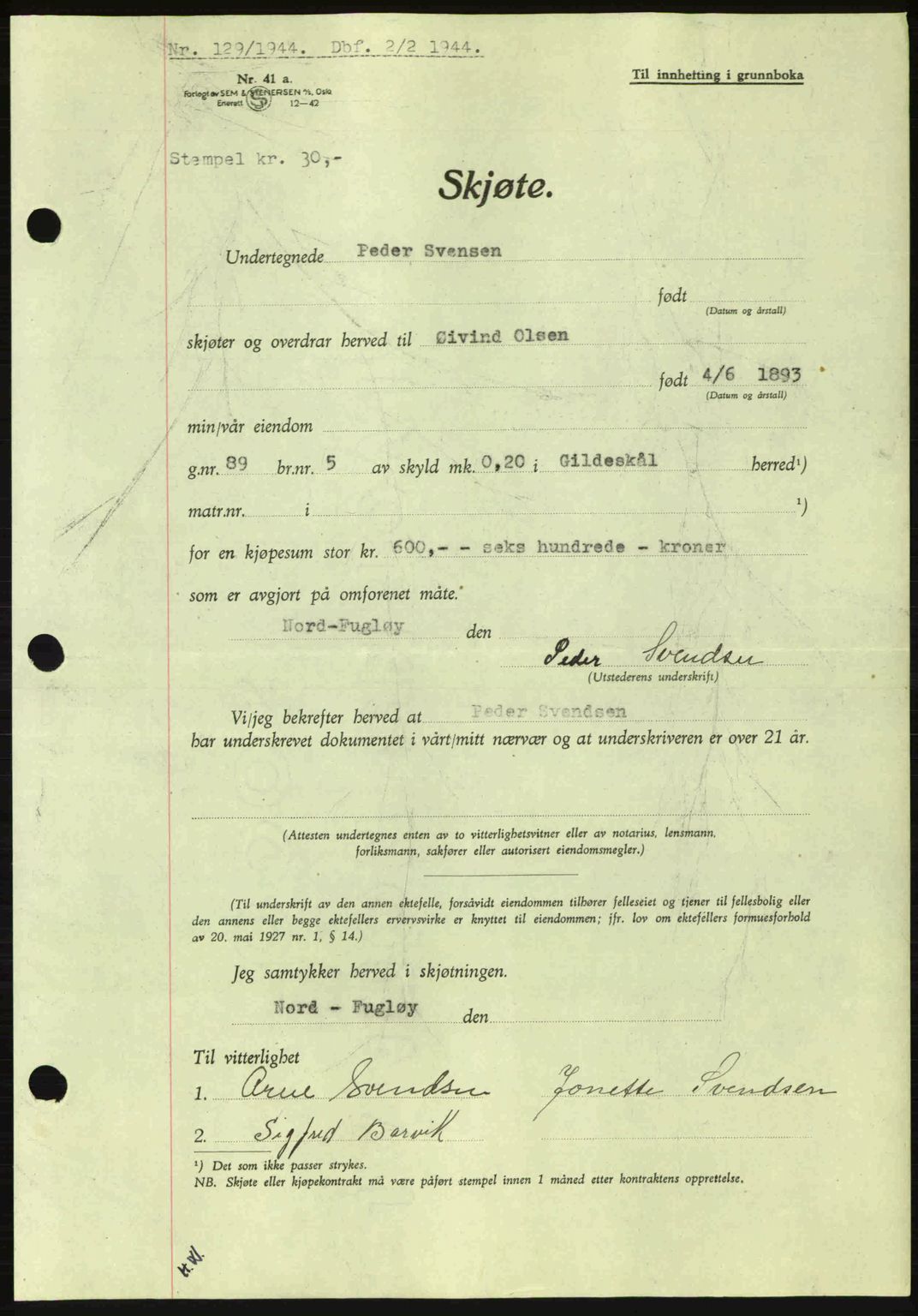 Salten sorenskriveri, SAT/A-4578/1/2/2C: Pantebok nr. A14-15, 1943-1945, Dagboknr: 129/1944