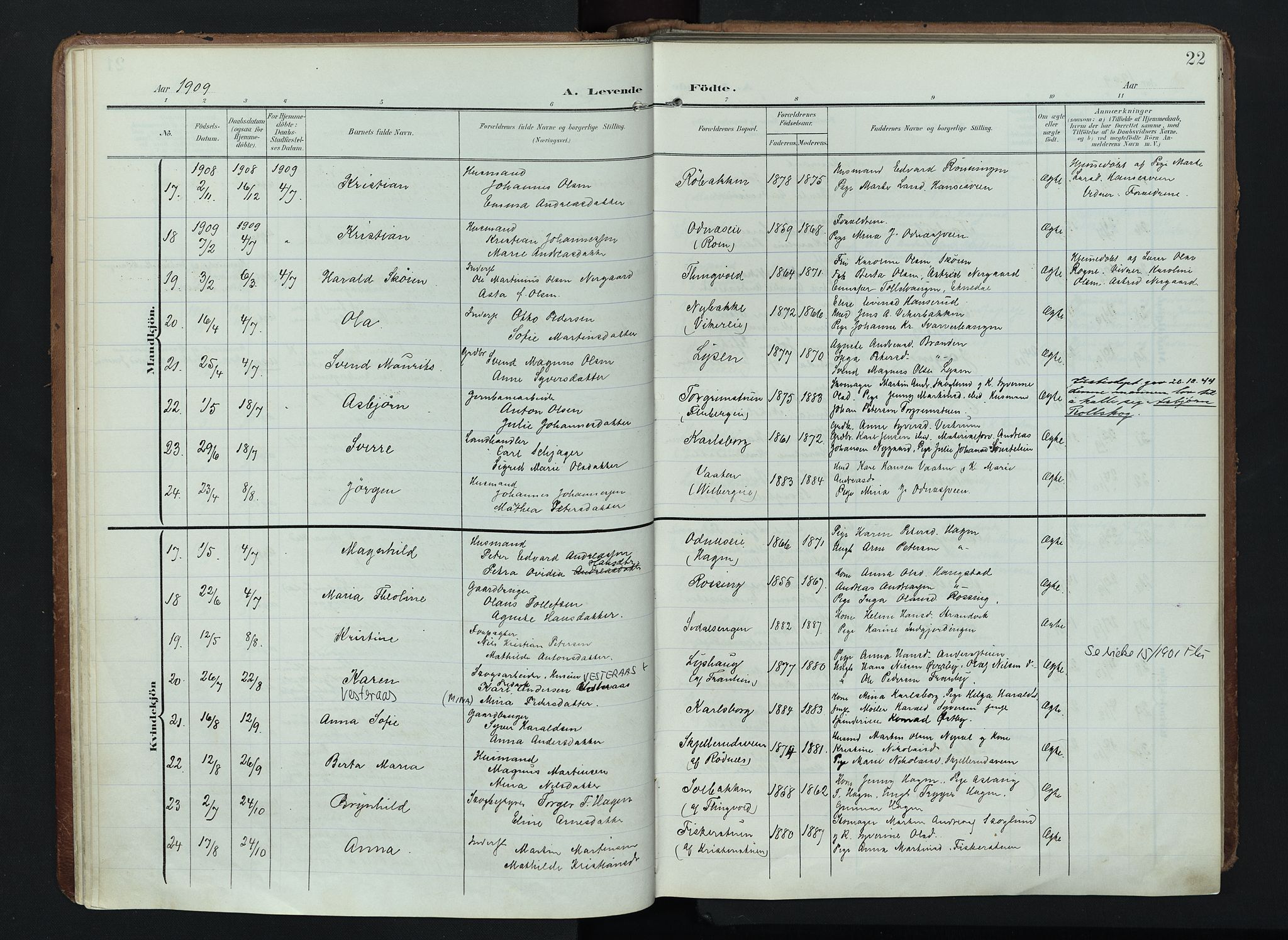 Søndre Land prestekontor, AV/SAH-PREST-122/K/L0005: Ministerialbok nr. 5, 1905-1914, s. 22