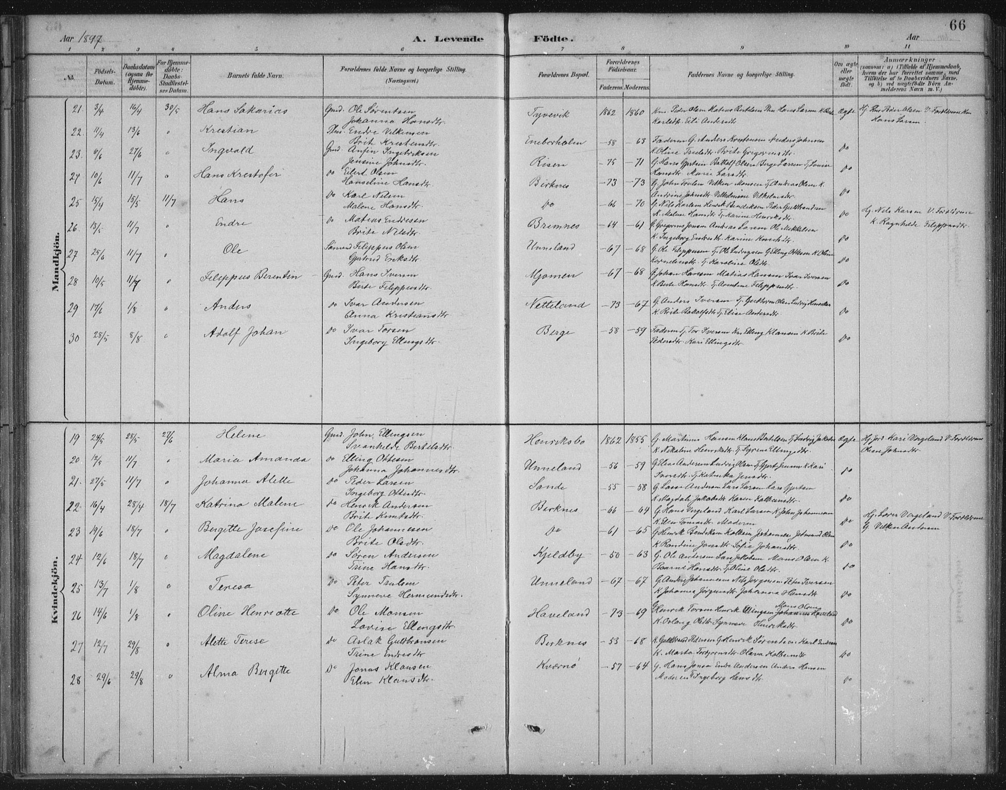 Gulen sokneprestembete, AV/SAB-A-80201/H/Hab/Habb/L0003: Klokkerbok nr. B 3, 1884-1907, s. 66