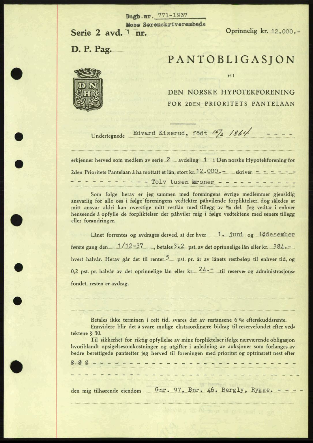 Moss sorenskriveri, SAO/A-10168: Pantebok nr. B3, 1937-1937, Dagboknr: 771/1937