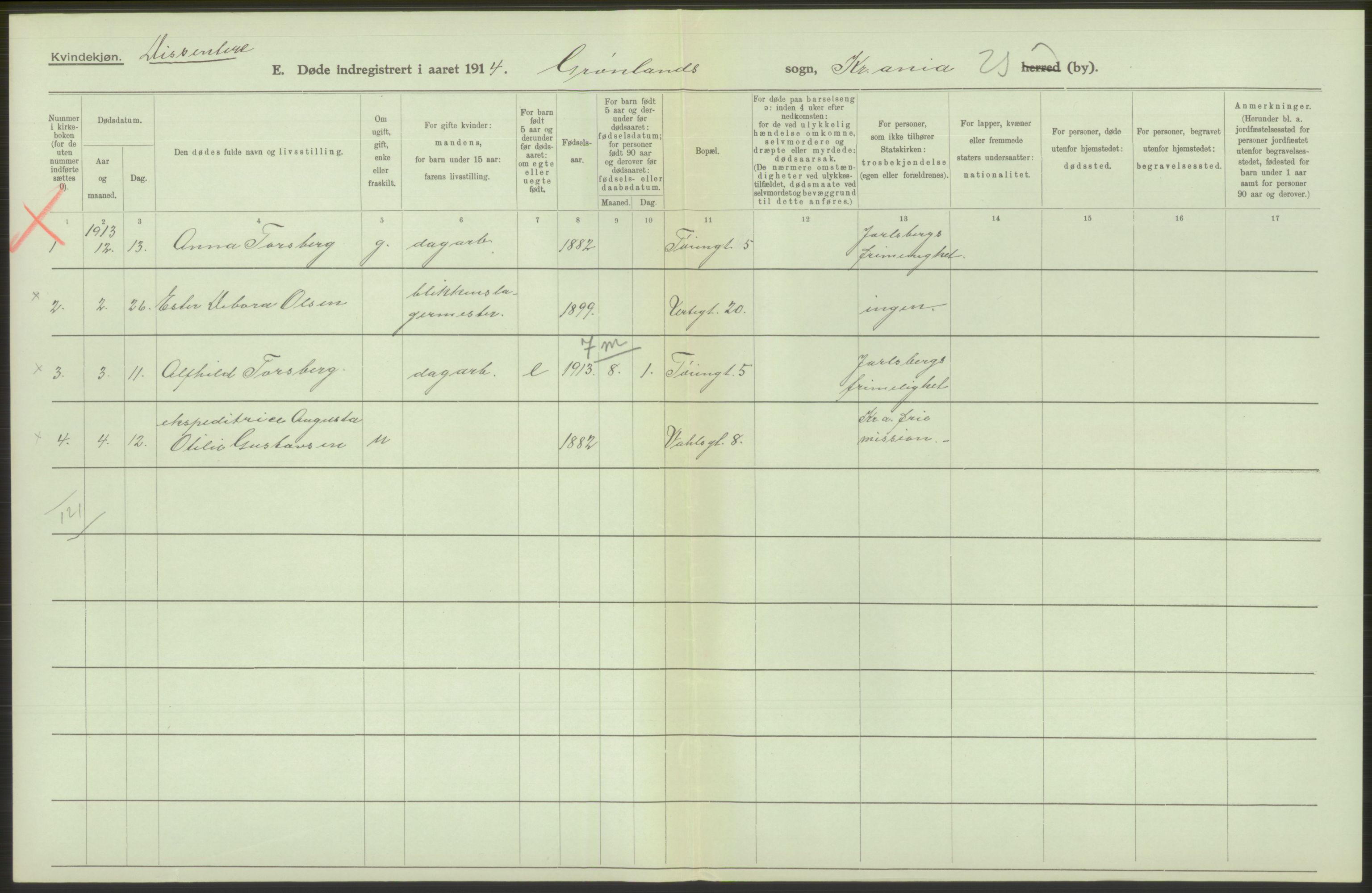 Statistisk sentralbyrå, Sosiodemografiske emner, Befolkning, AV/RA-S-2228/D/Df/Dfb/Dfbd/L0008: Kristiania: Døde, 1914, s. 516