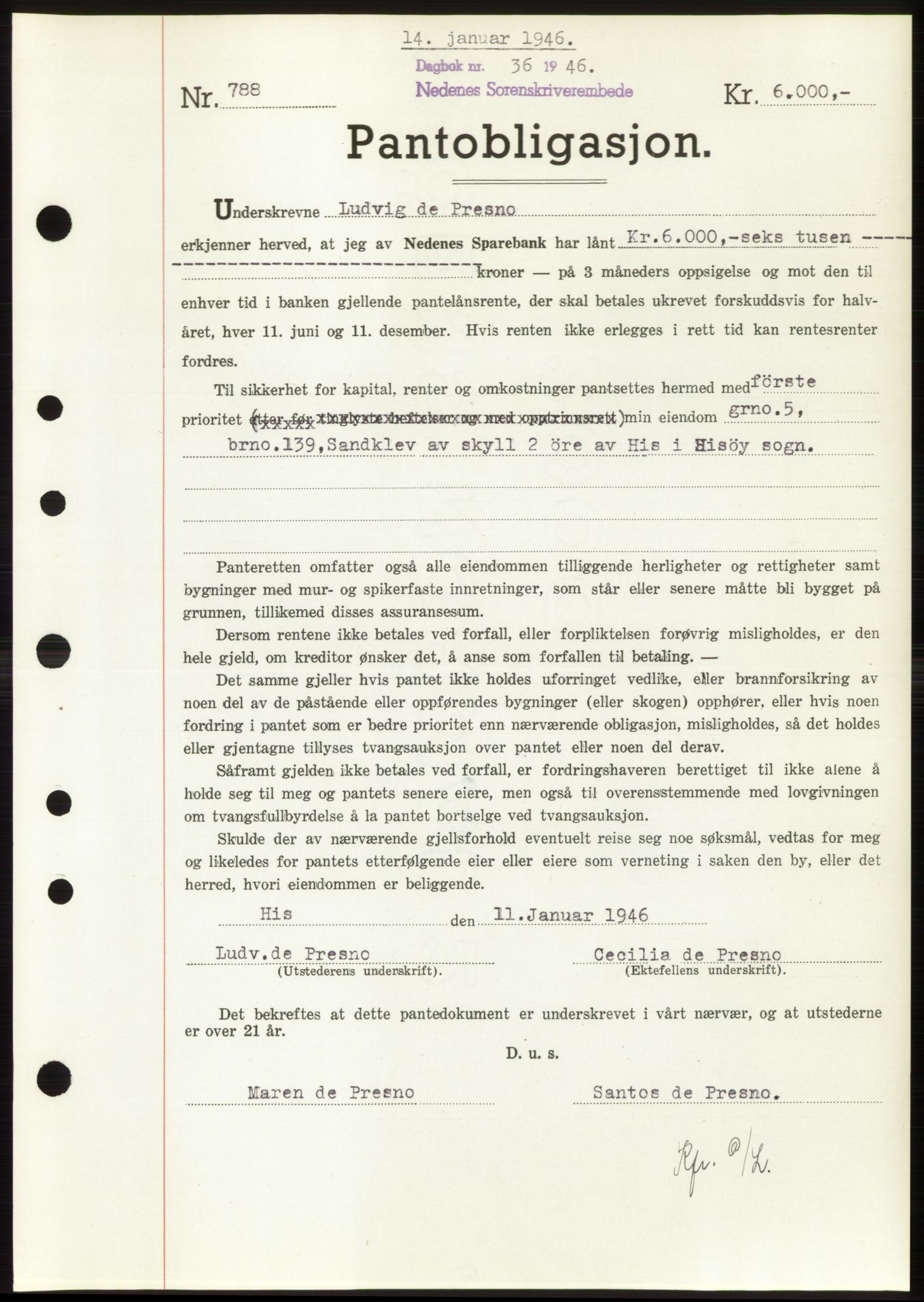 Nedenes sorenskriveri, SAK/1221-0006/G/Gb/Gbb/L0003: Pantebok nr. B3b, 1946-1946, Dagboknr: 36/1946