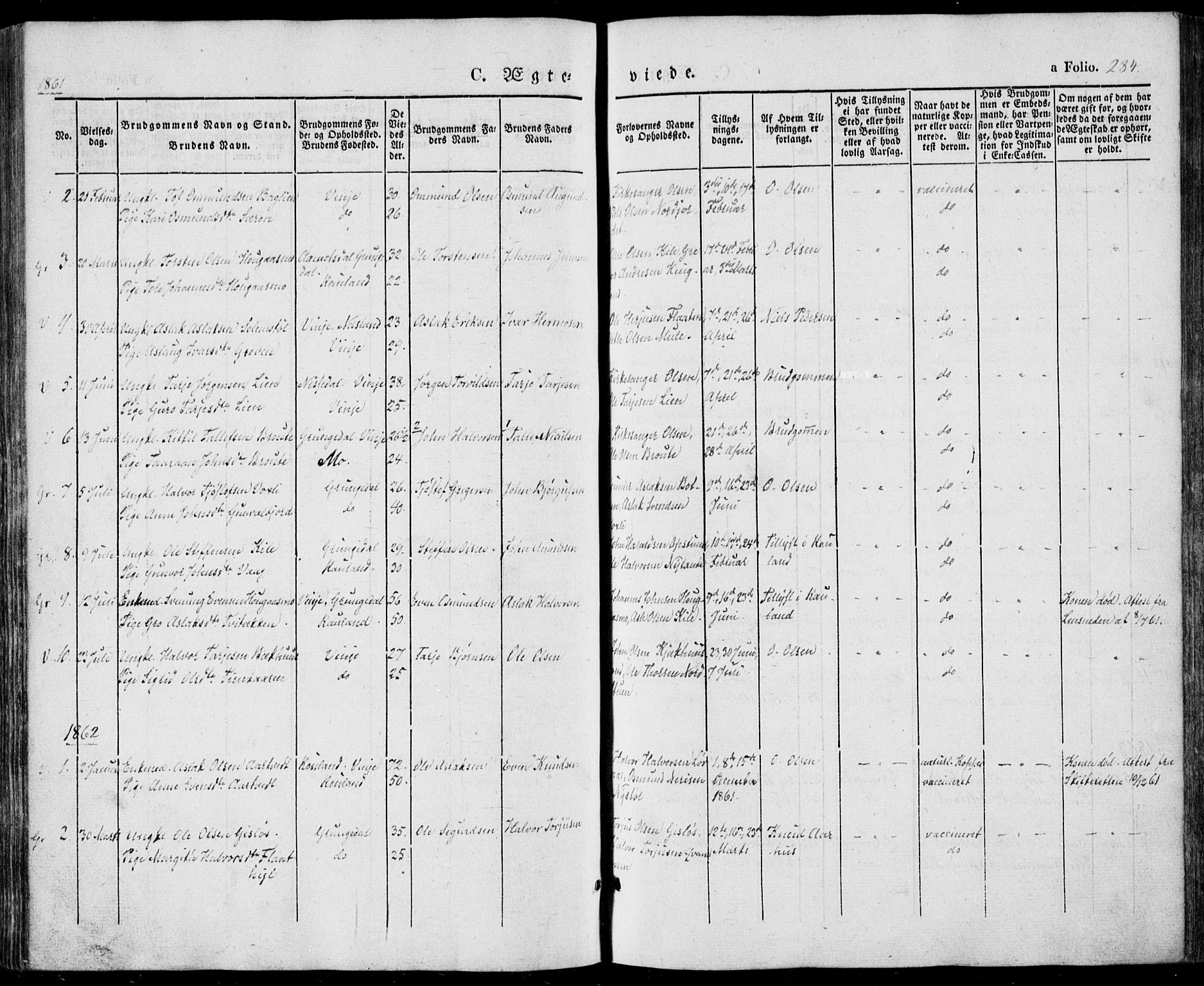 Vinje kirkebøker, SAKO/A-312/F/Fa/L0004: Ministerialbok nr. I 4, 1843-1869, s. 284