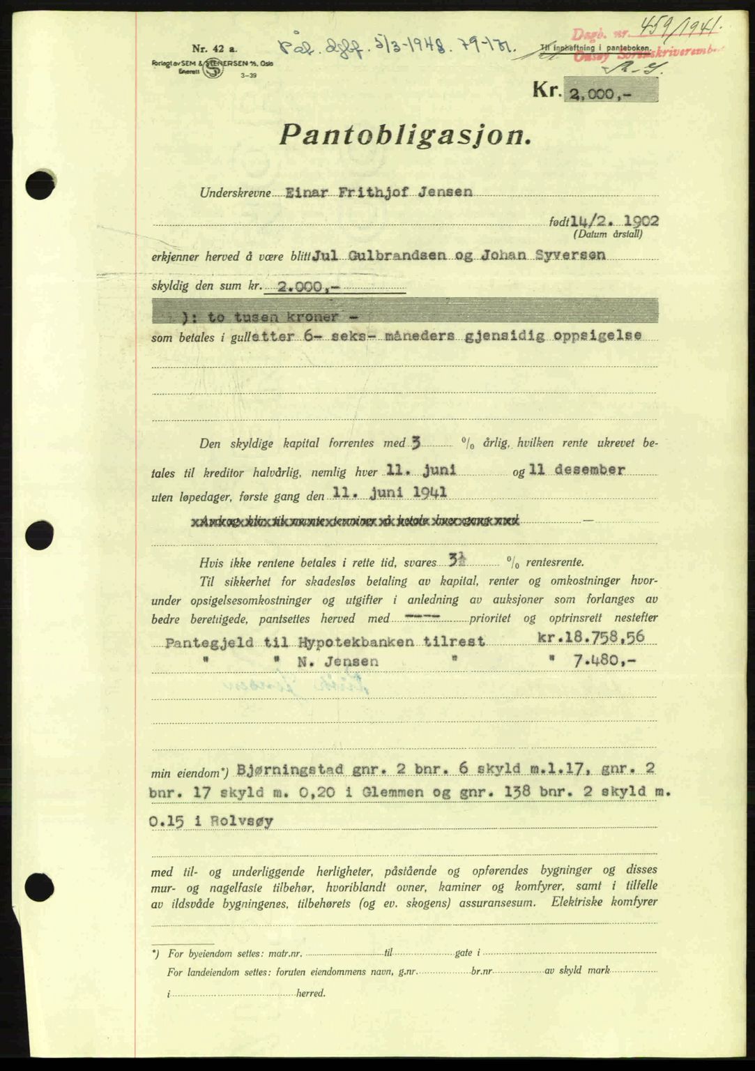Onsøy sorenskriveri, SAO/A-10474/G/Ga/Gac/L0003: Pantebok nr. B3, 1940-1944, Dagboknr: 459/1941