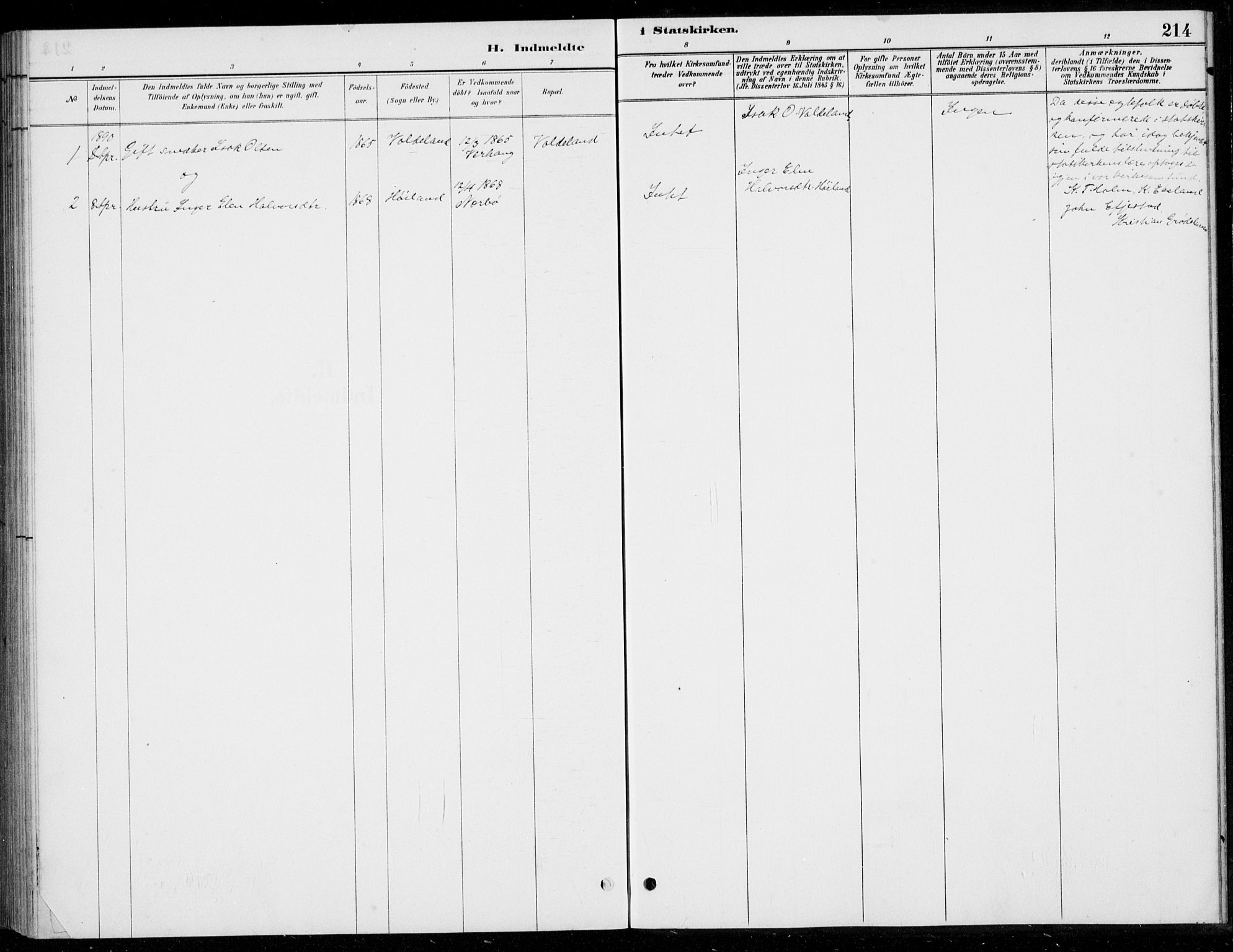 Hå sokneprestkontor, SAST/A-101801/001/30BB/L0004: Klokkerbok nr. B 4, 1883-1899, s. 214