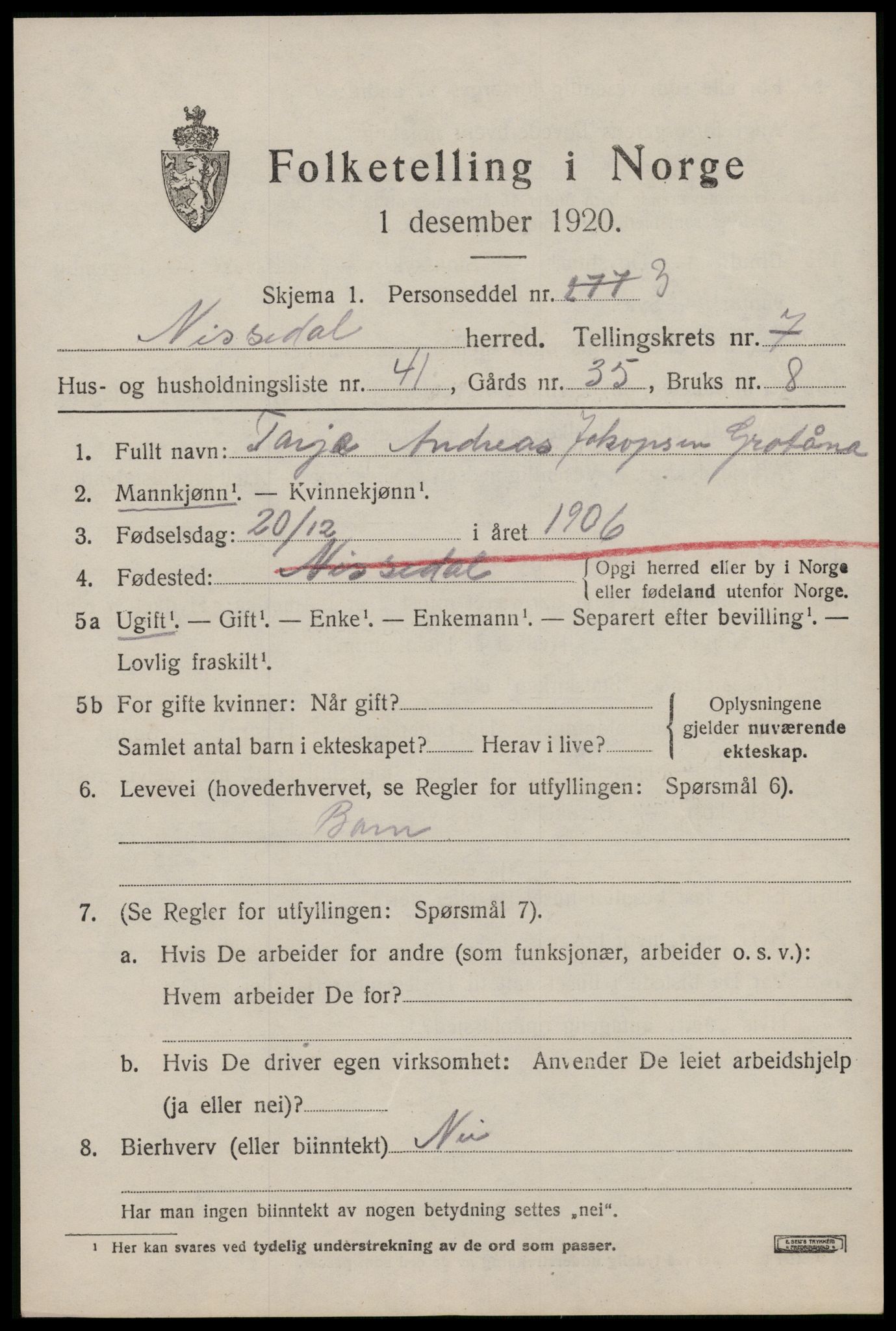SAKO, Folketelling 1920 for 0830 Nissedal herred, 1920, s. 3025